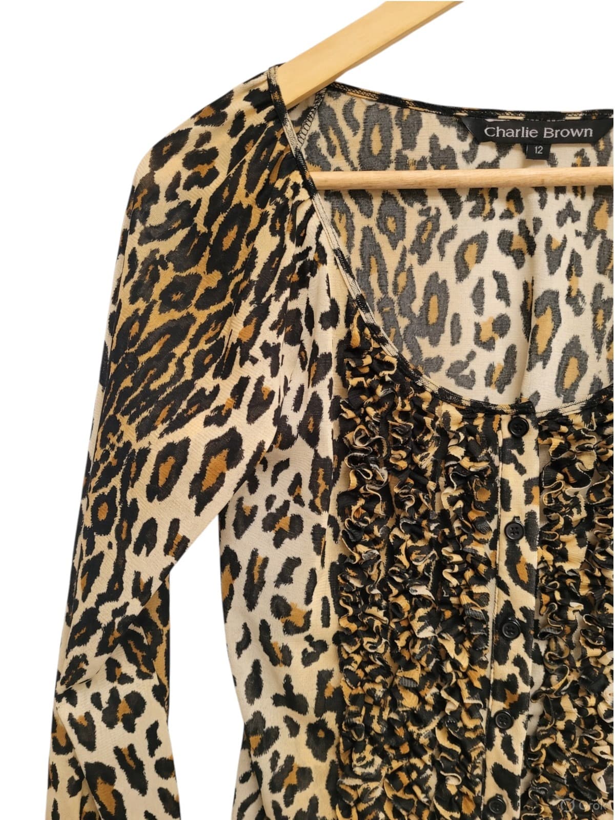 CHARLIE BROWN Y2K Leopard Print Sheer Mesh Ruffle Blouse Top Size 12 — photo 1 of 8