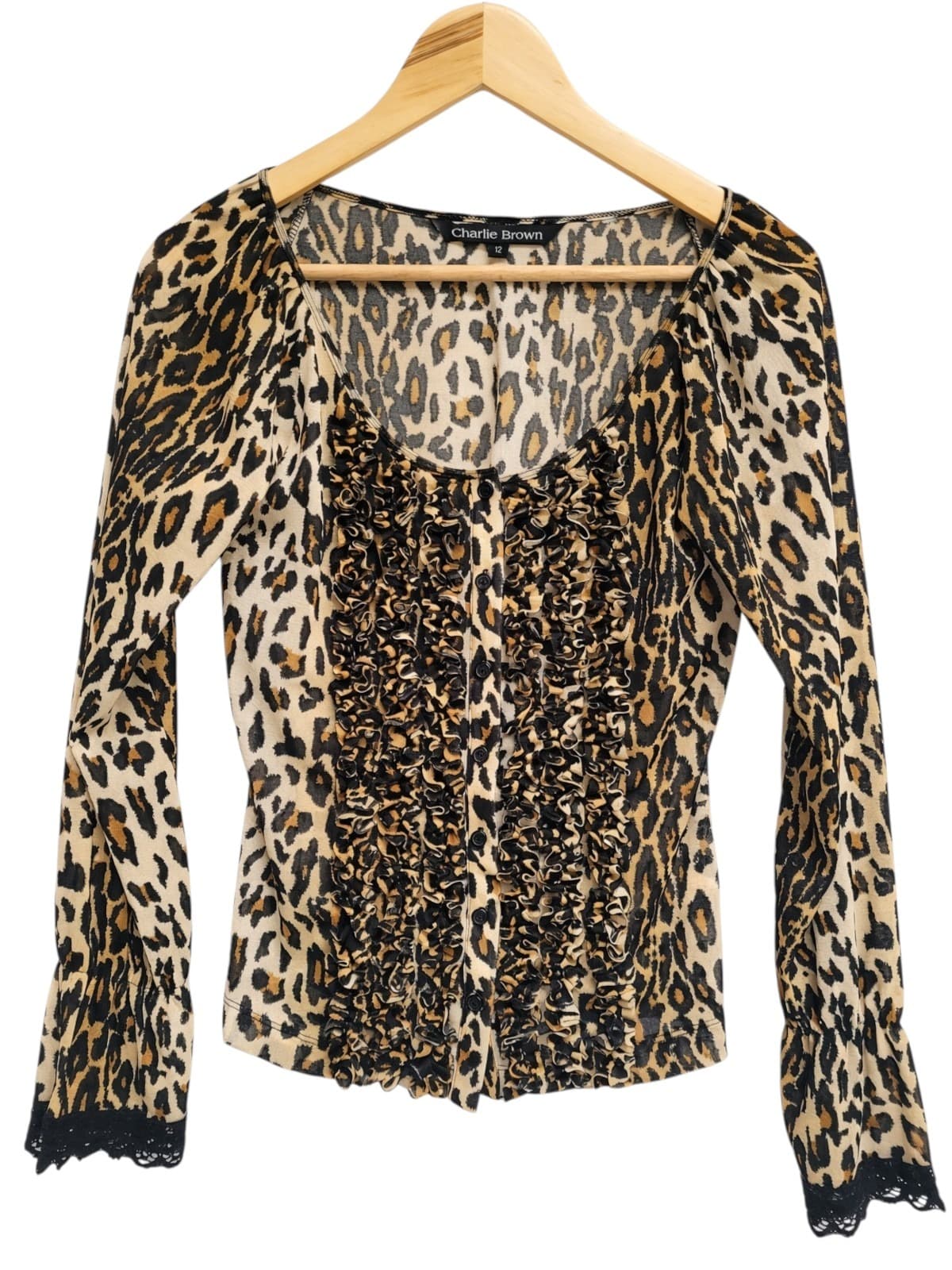 CHARLIE BROWN Y2K Leopard Print Sheer Mesh Ruffle Blouse Top Size 12 — photo 2 of 8