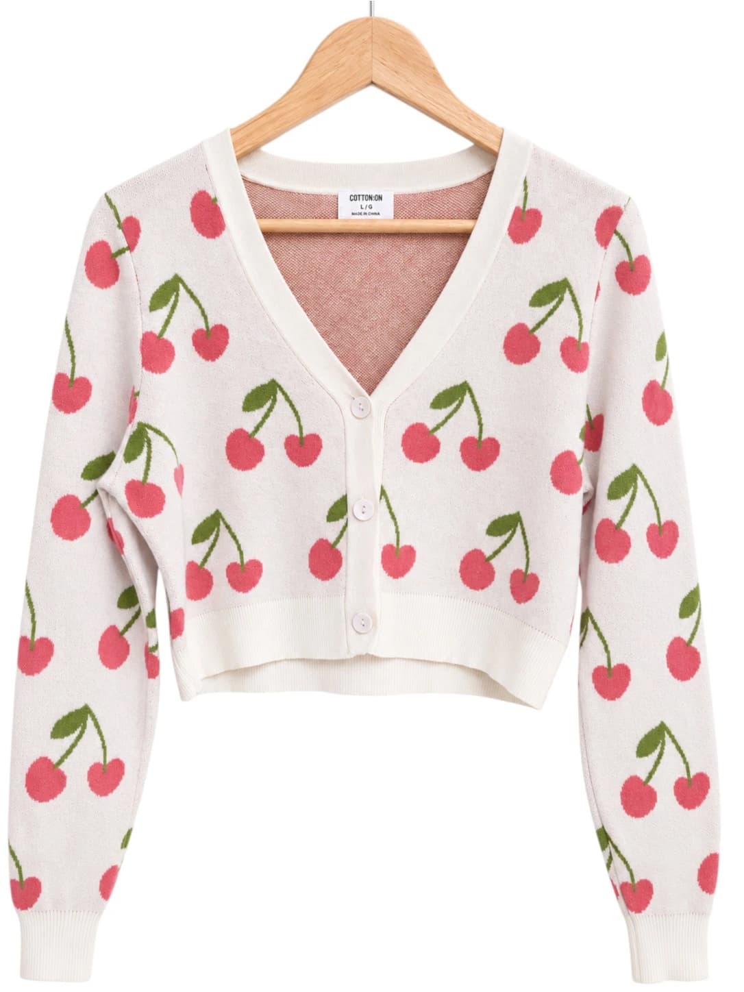 COTTON ON Cream Cherry Print Cropped Button Cardigan Size L — photo 1 of 6