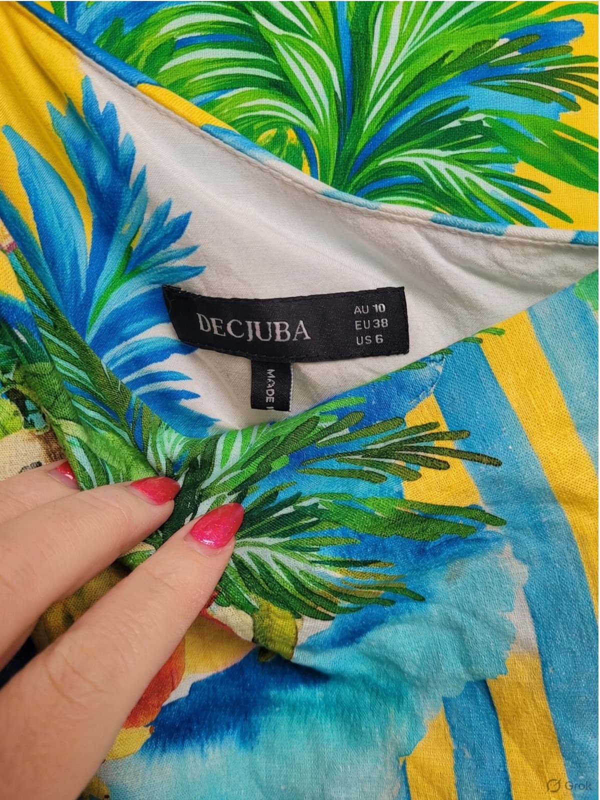 DECJUBA Serafina Tropical Print Linen Blend One Shoulder Mini Dress Size 10 — photo 12 of 13
