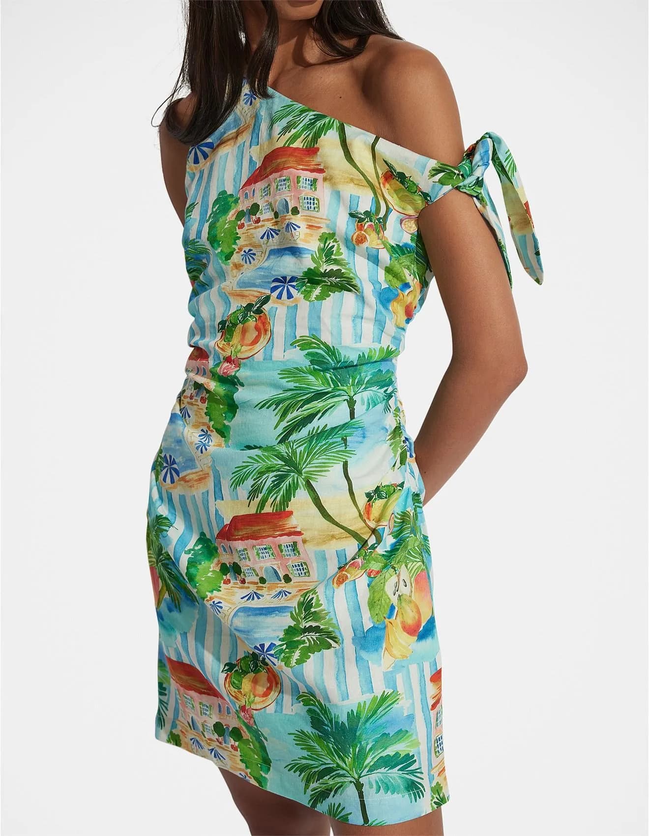DECJUBA Serafina Tropical Print Linen Blend One Shoulder Mini Dress Size 10 — photo 2 of 13