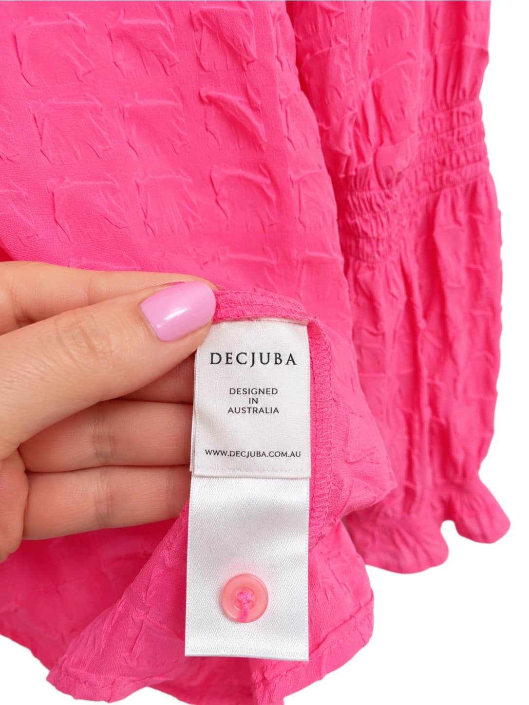 DECJUBA Womens Blouse Size 8 Hot Pink Textured Long Sleeve Shirred Boho Top — photo 5 of 6