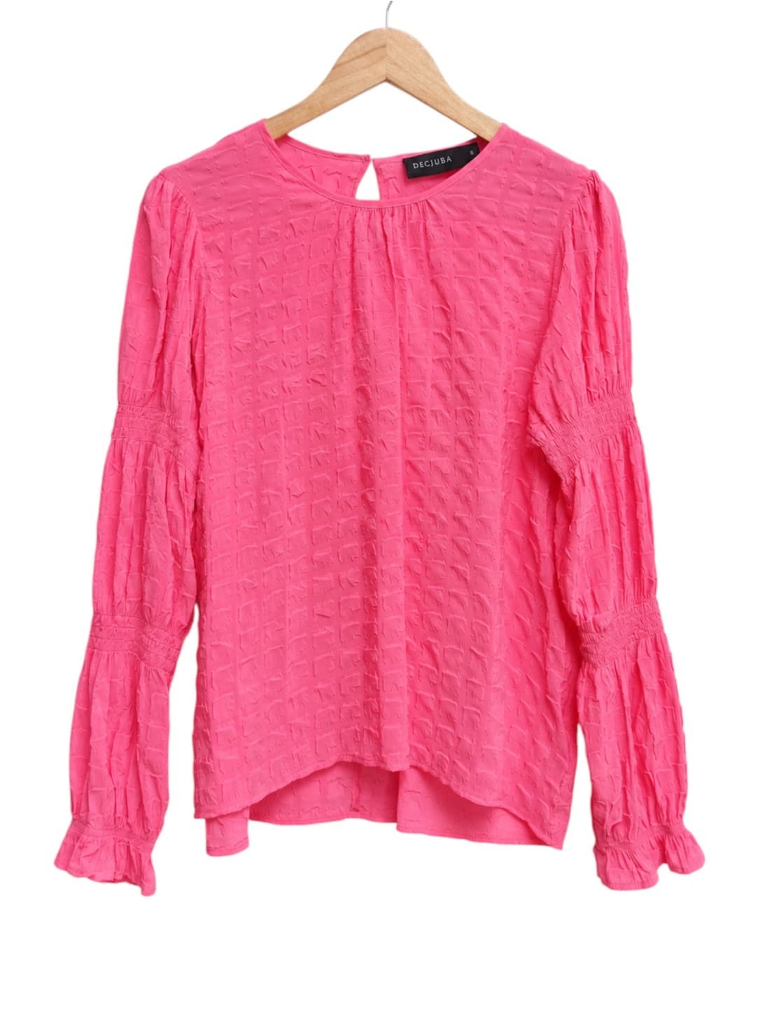 DECJUBA Womens Blouse Size 8 Hot Pink Textured Long Sleeve Shirred Boho Top — photo 1 of 6