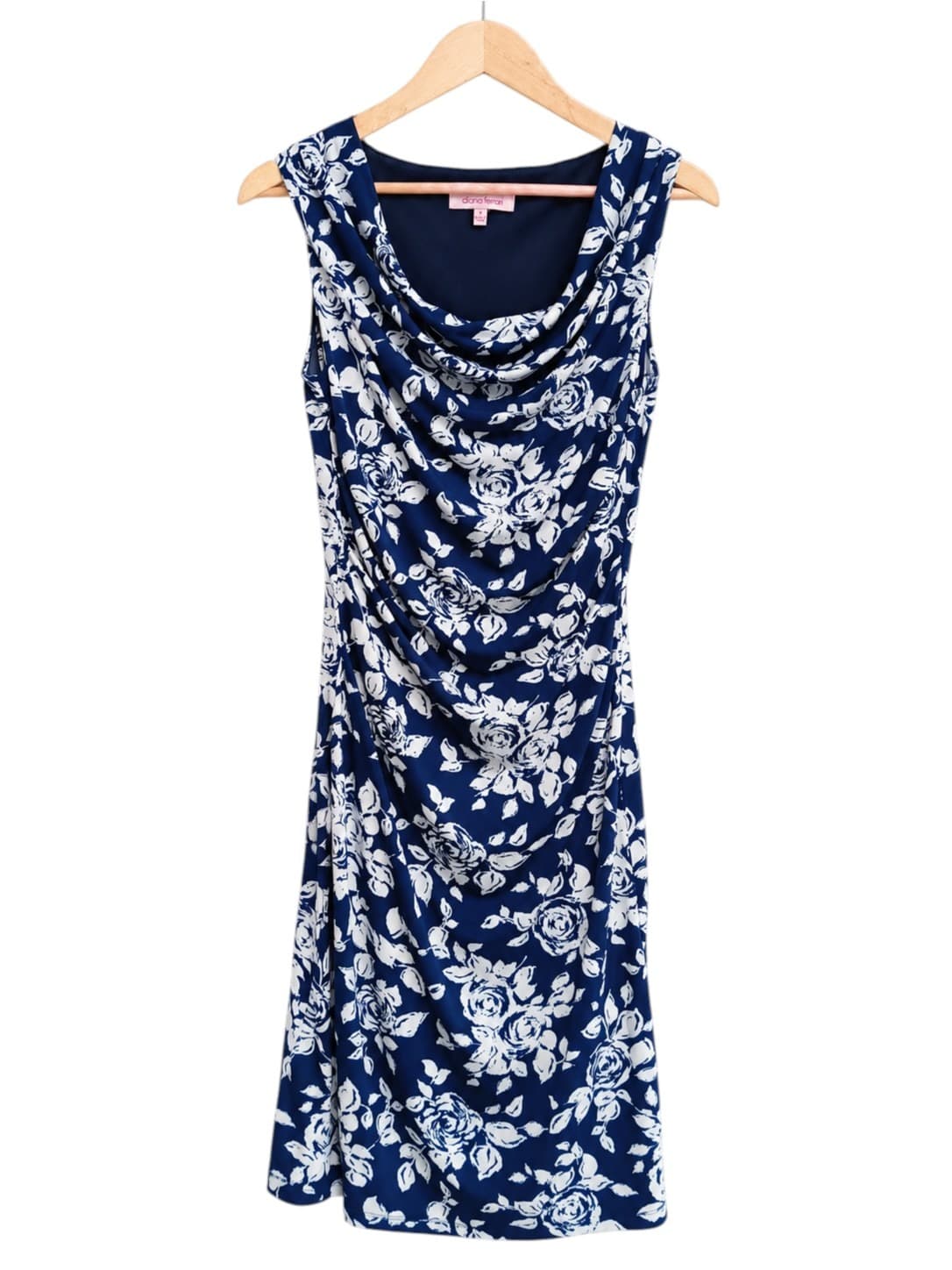 Diana Ferrari Womens Dress Size 8 Navy White Floral Cowl Neck Sleeveless Midi — photo 2 of 7