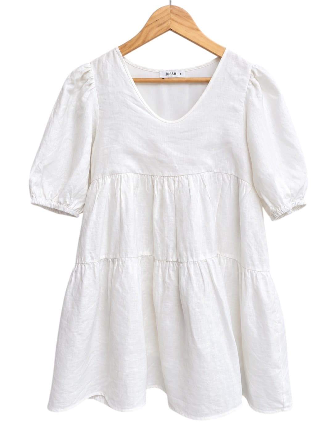 DISSH White Linen Puff Sleeve Tiered Mini Smock Dress Size 8 — photo 1 of 7