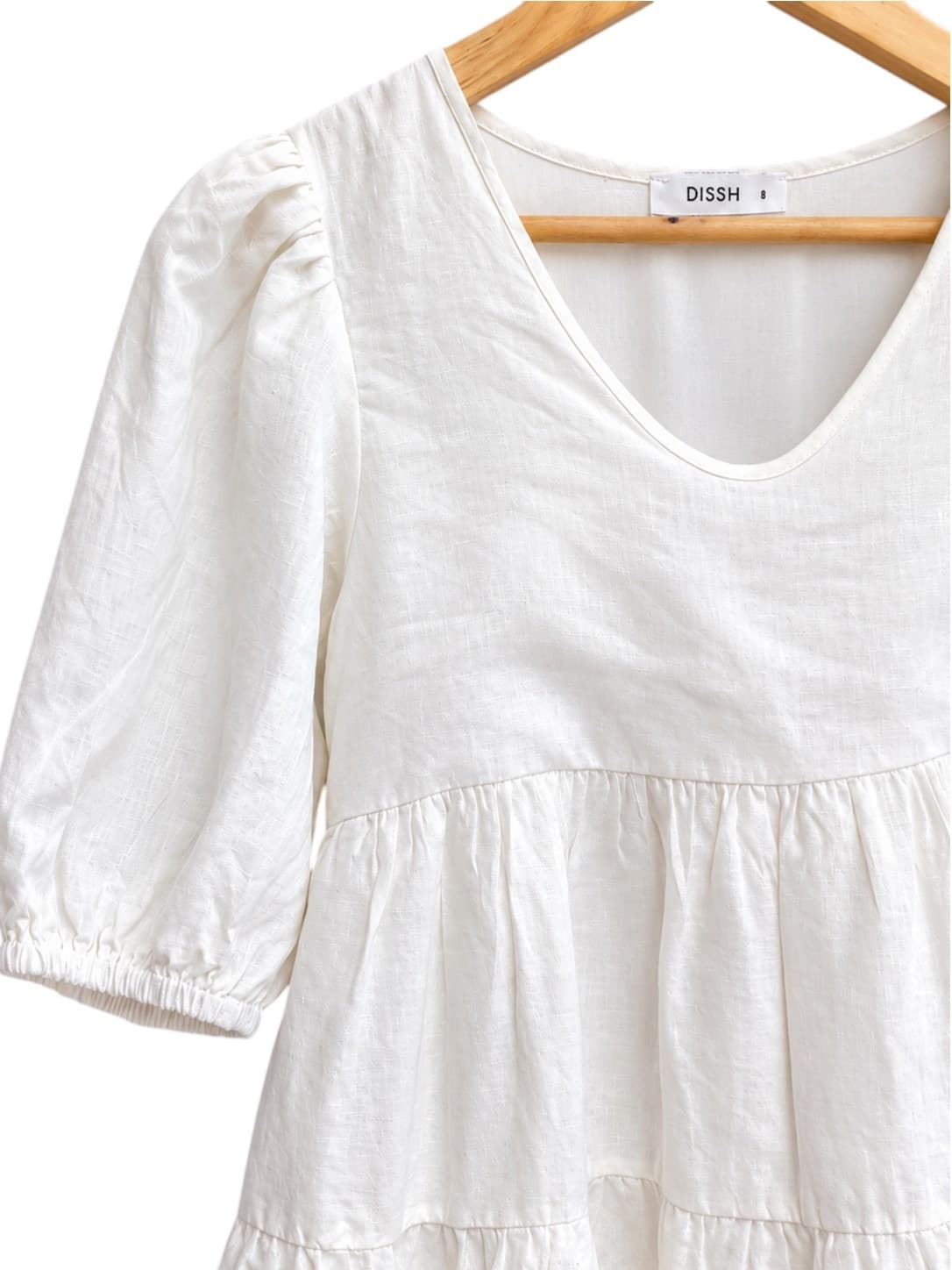 DISSH White Linen Puff Sleeve Tiered Mini Smock Dress Size 8 — photo 2 of 7
