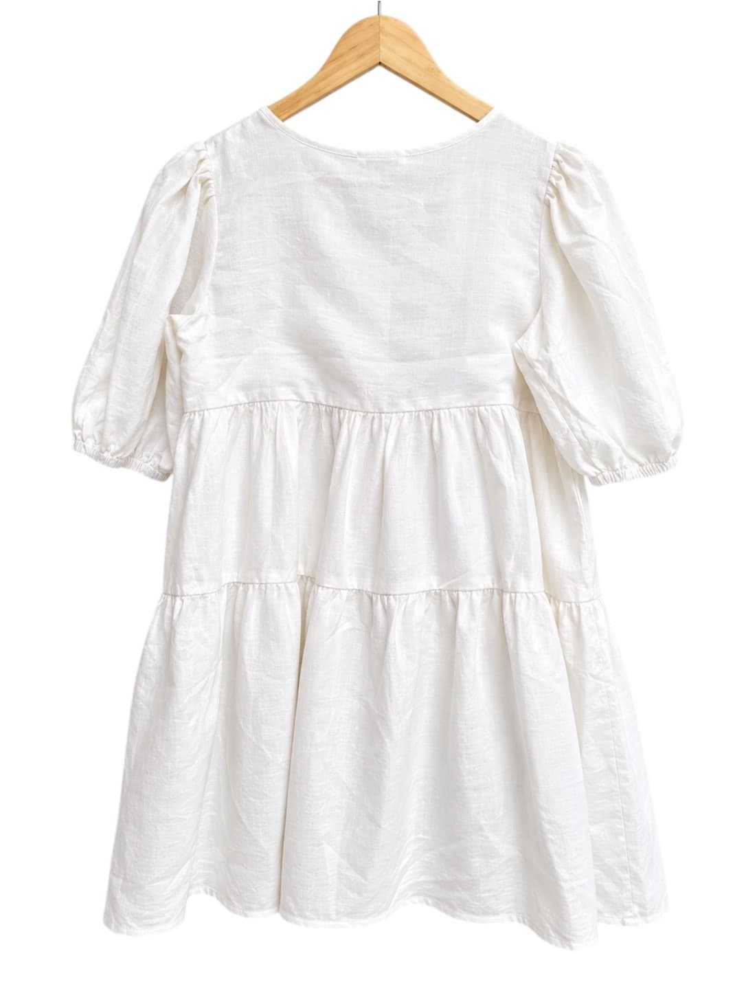 DISSH White Linen Puff Sleeve Tiered Mini Smock Dress Size 8 — photo 4 of 7