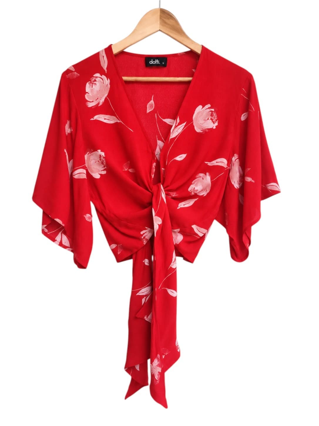 DOTTI Red Pink Floral Tie Front Kimono Sleeve Blouse Top Size 10 — photo 1 of 6