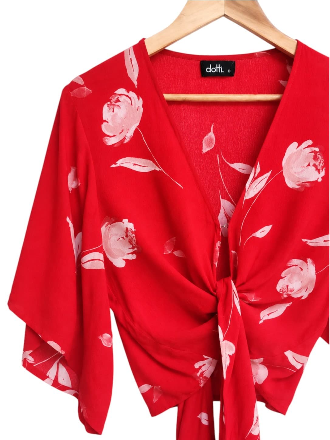 DOTTI Red Pink Floral Tie Front Kimono Sleeve Blouse Top Size 10 — photo 2 of 6
