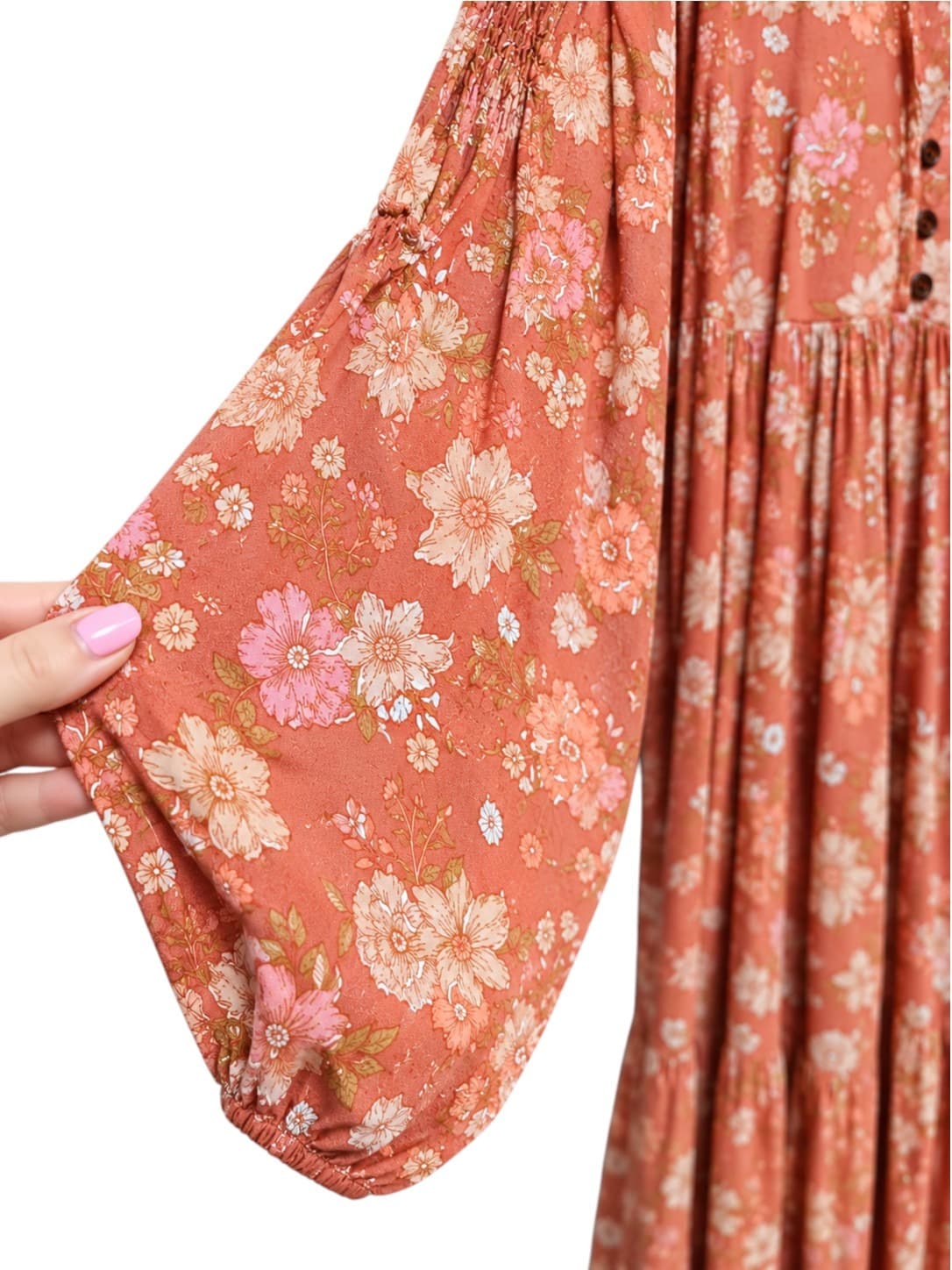 Dreamcatcher Womens Midi Dress Size 10 Rust Floral Boho Balloon Sleeve Rayon — photo 3 of 7