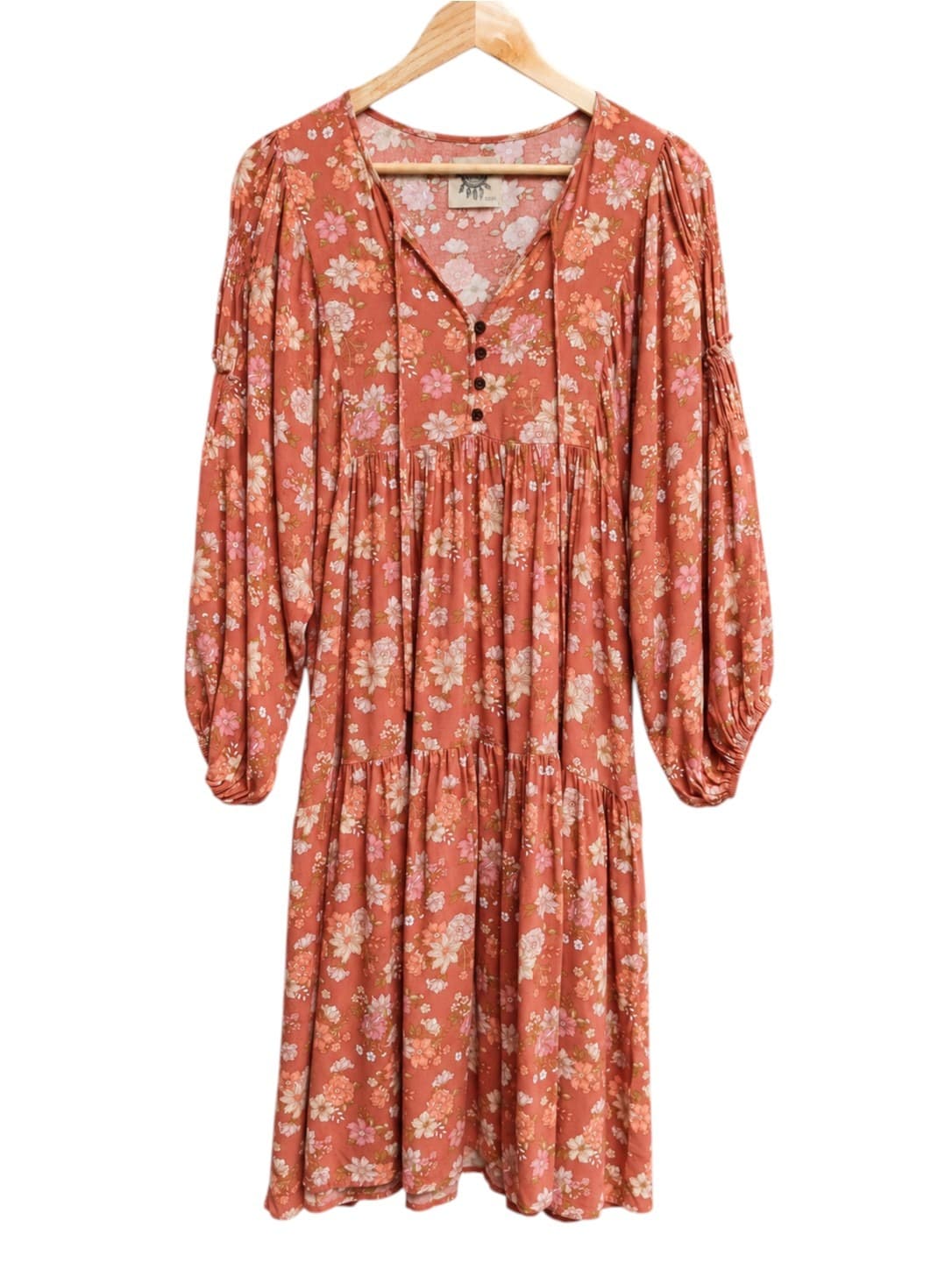 Dreamcatcher Womens Midi Dress Size 10 Rust Floral Boho Balloon Sleeve Rayon — photo 2 of 7