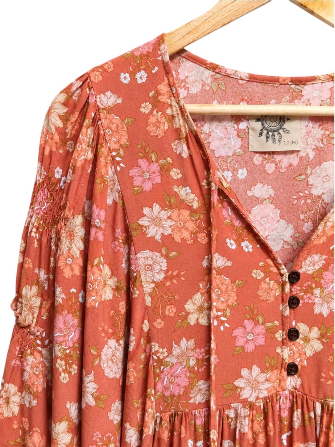 Dreamcatcher Womens Midi Dress Size 10 Rust Floral Boho Balloon Sleeve Rayon — photo 1 of 7