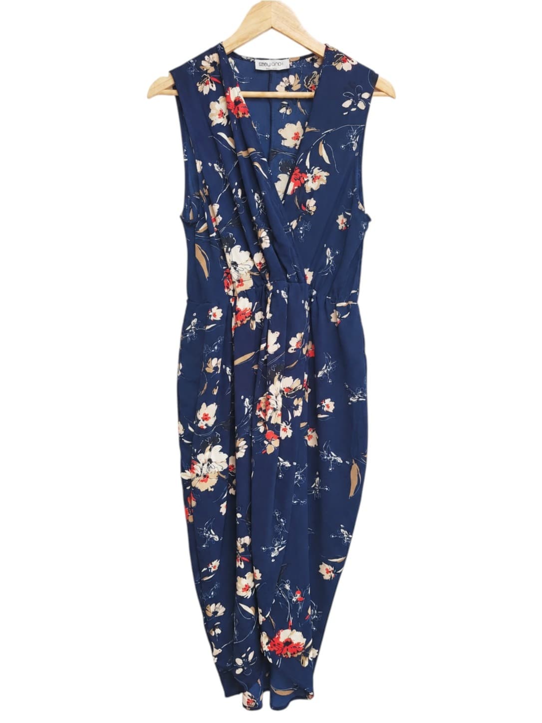 Ebby and I Womens Floral Wrap Midi Dress Size L Navy Sleeveless Draped Neck — photo 2 of 6