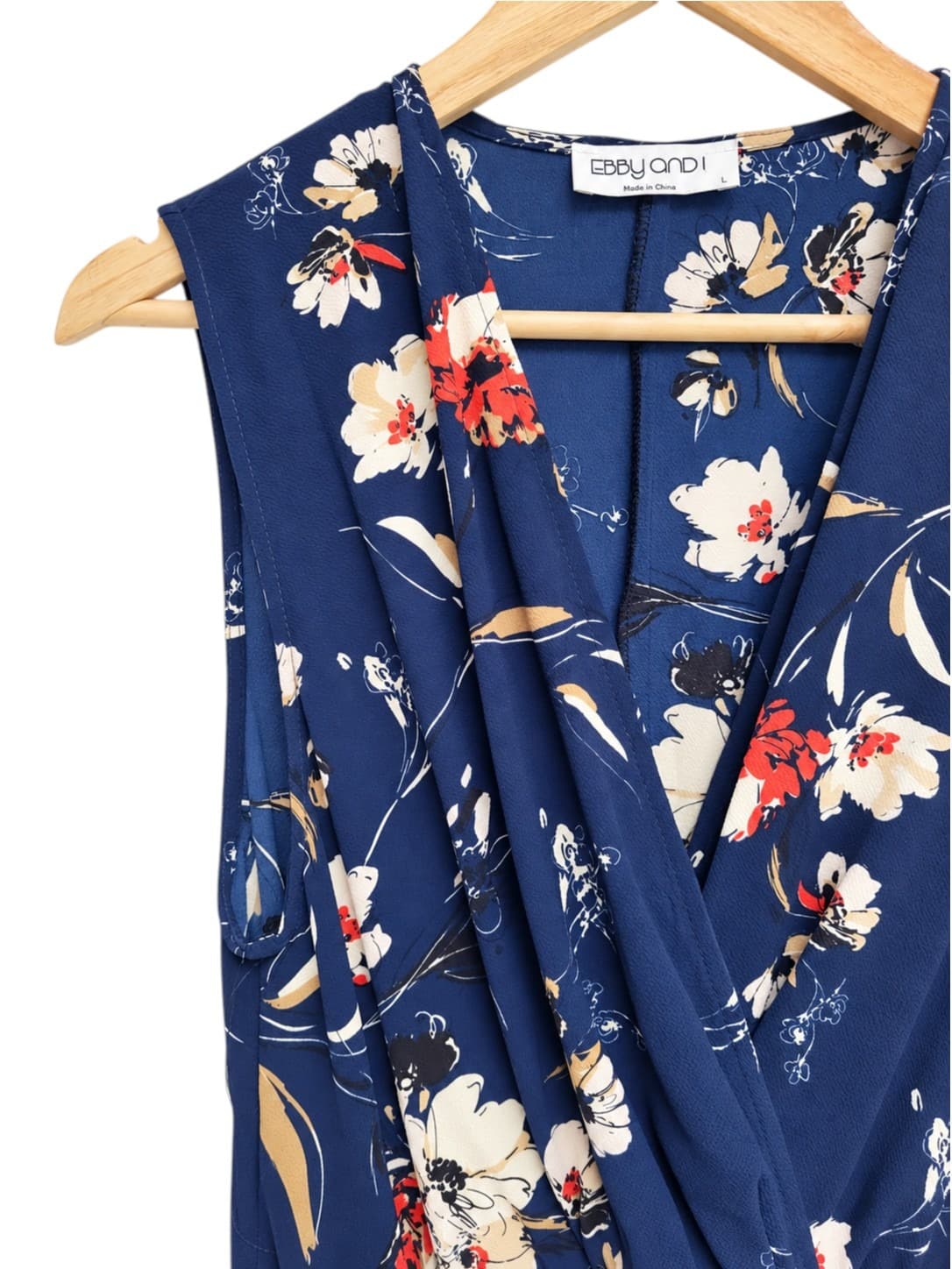 Ebby and I Womens Floral Wrap Midi Dress Size L Navy Sleeveless Draped Neck — photo 1 of 6