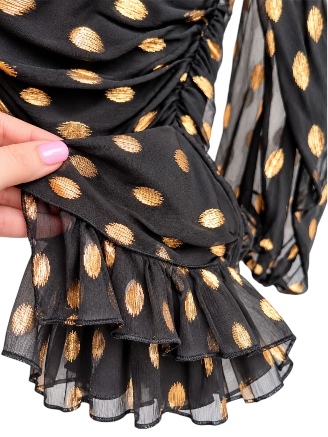 ELLIATT Womens Dress XL Black Gold Metallic Polka Dot Ruched Ruffle Mini — photo 5 of 10