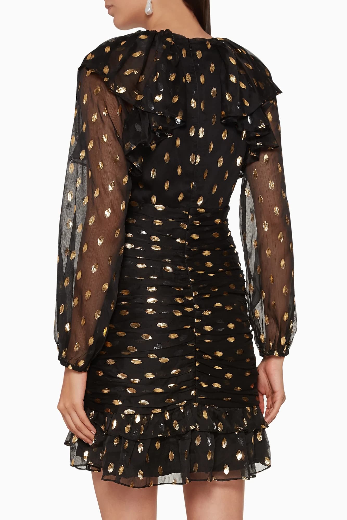 ELLIATT Womens Dress XL Black Gold Metallic Polka Dot Ruched Ruffle Mini — photo 7 of 10