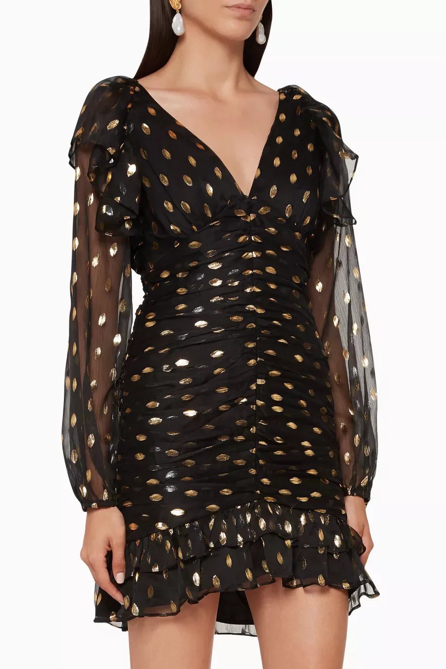 ELLIATT Womens Dress XL Black Gold Metallic Polka Dot Ruched Ruffle Mini — photo 1 of 10