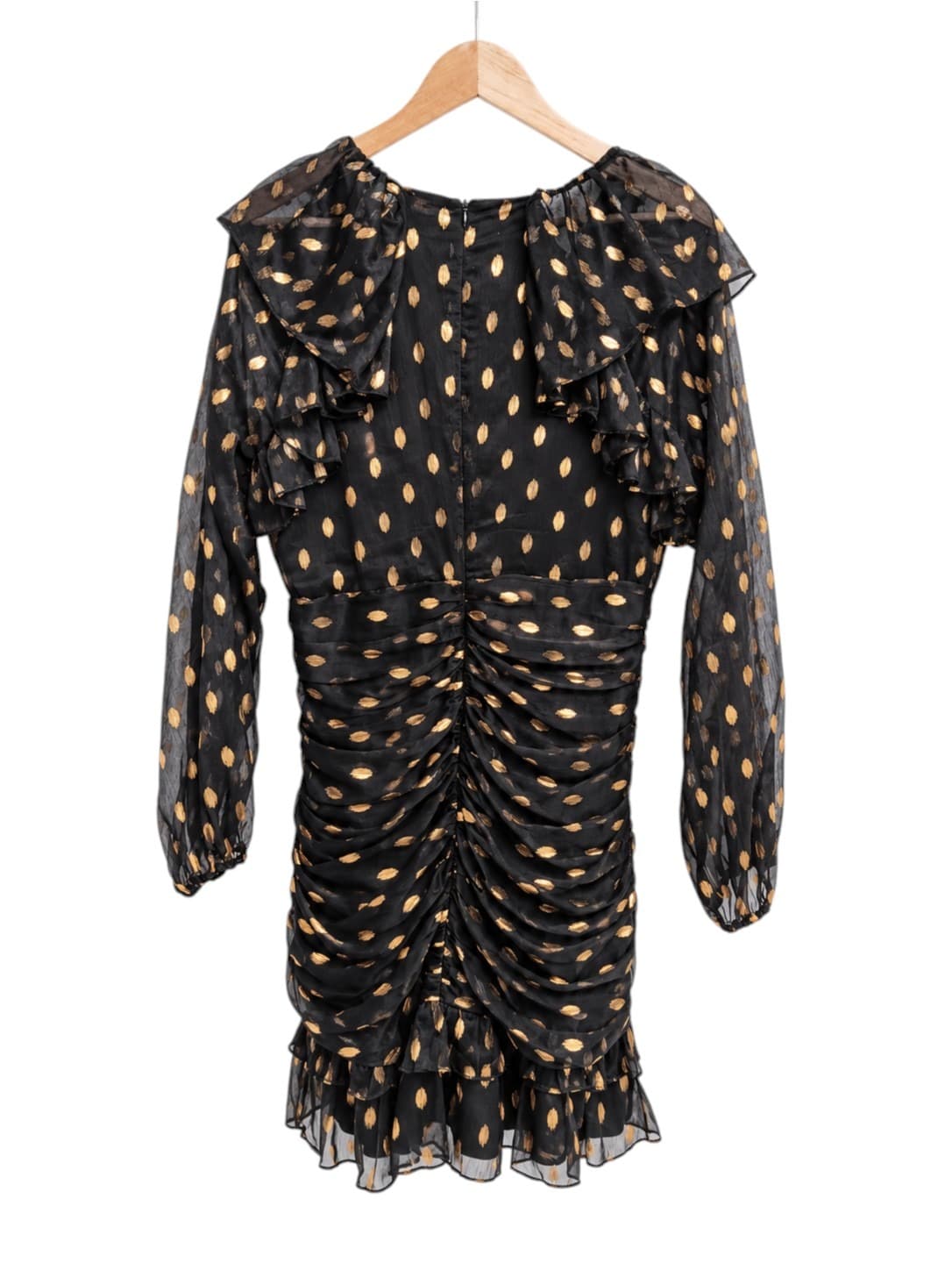 ELLIATT Womens Dress XL Black Gold Metallic Polka Dot Ruched Ruffle Mini — photo 6 of 10