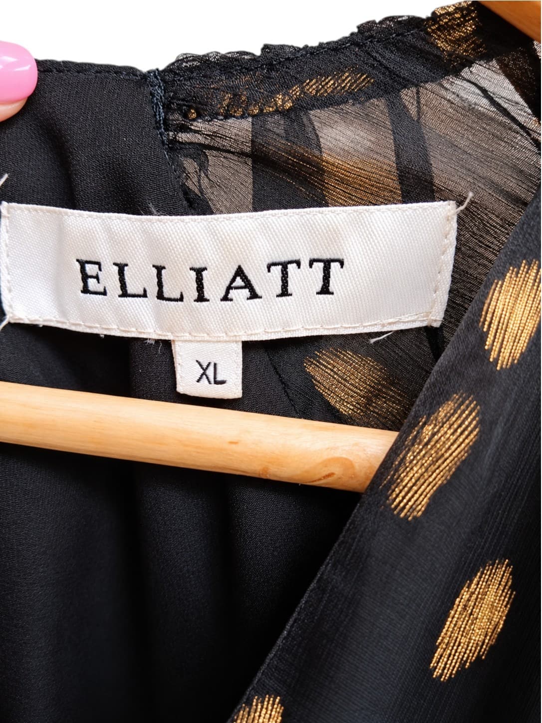 ELLIATT Womens Dress XL Black Gold Metallic Polka Dot Ruched Ruffle Mini — photo 8 of 10