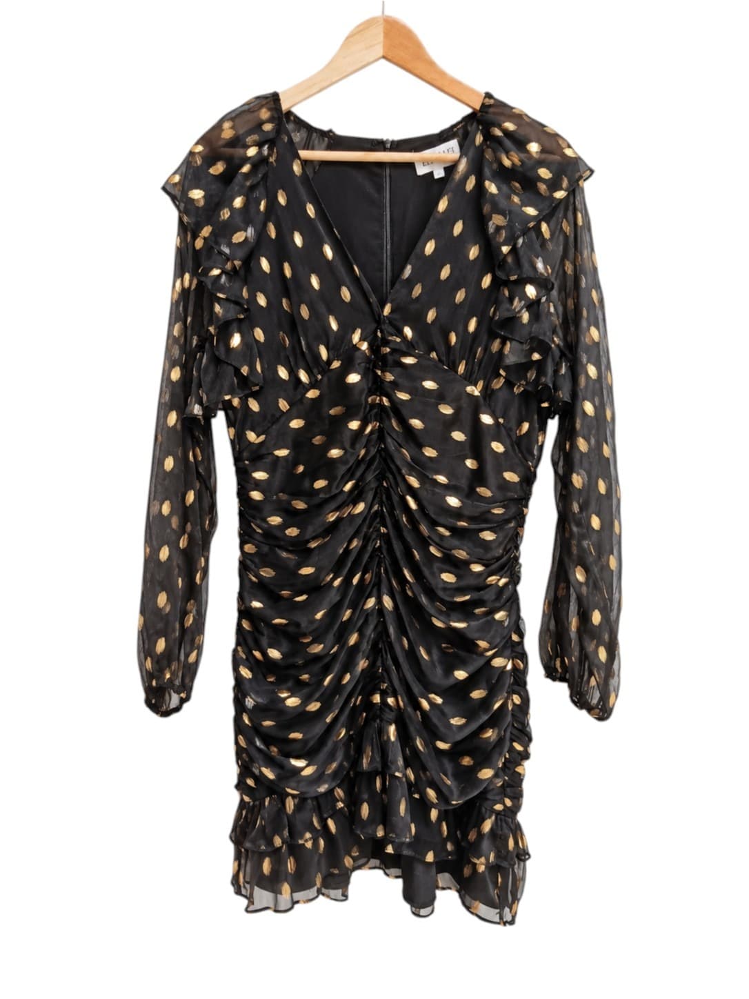 ELLIATT Womens Dress XL Black Gold Metallic Polka Dot Ruched Ruffle Mini — photo 3 of 10