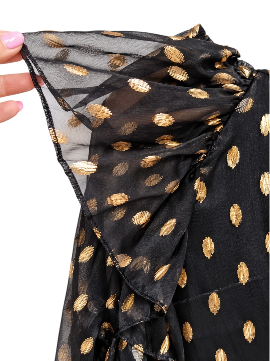 ELLIATT Womens Dress XL Black Gold Metallic Polka Dot Ruched Ruffle Mini — photo 4 of 10