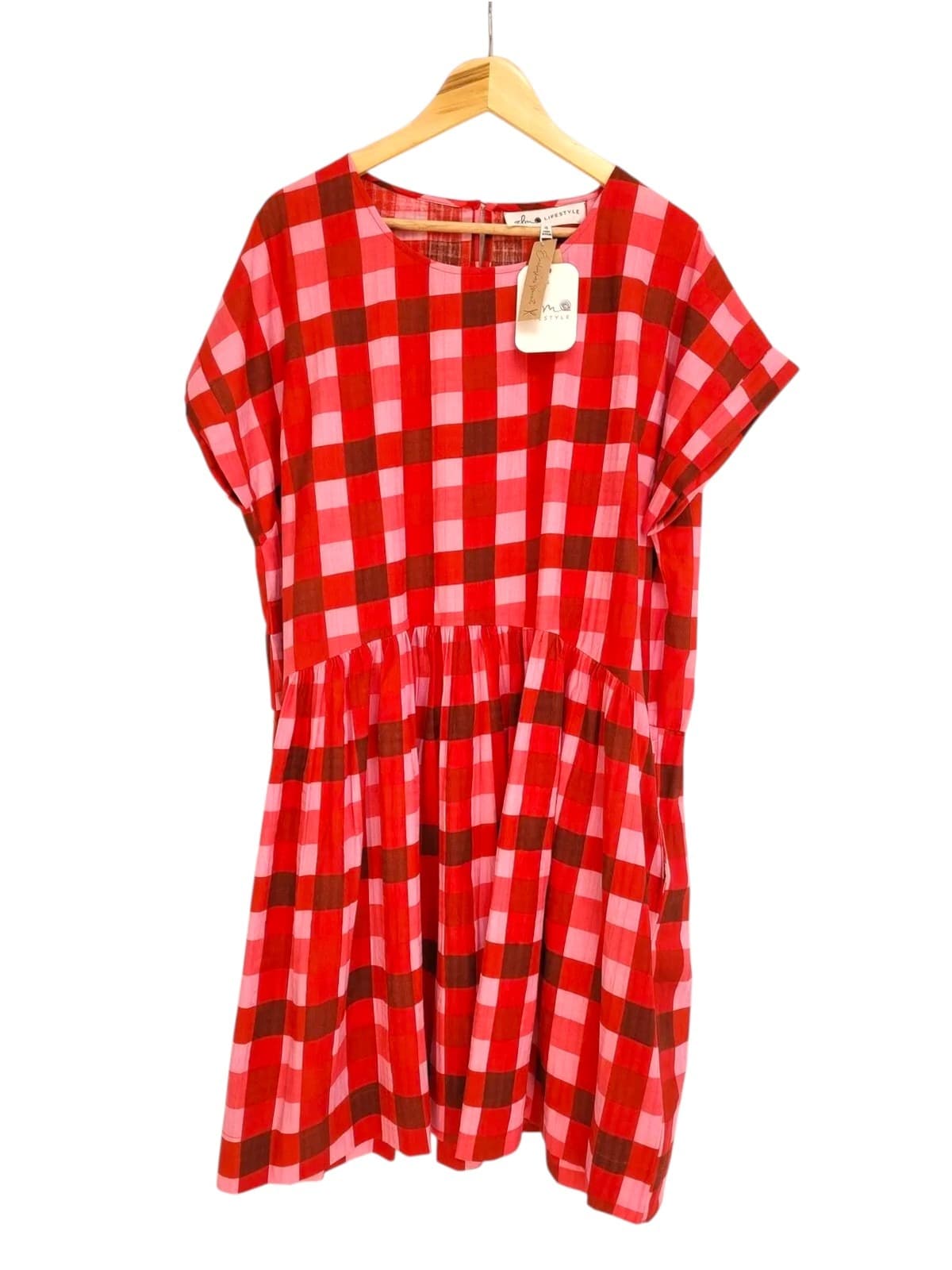 ELM LIFESTYLE Red Pink Gingham Oversized Cotton Smock Dress Size 8 BNWT — photo 3 of 7
