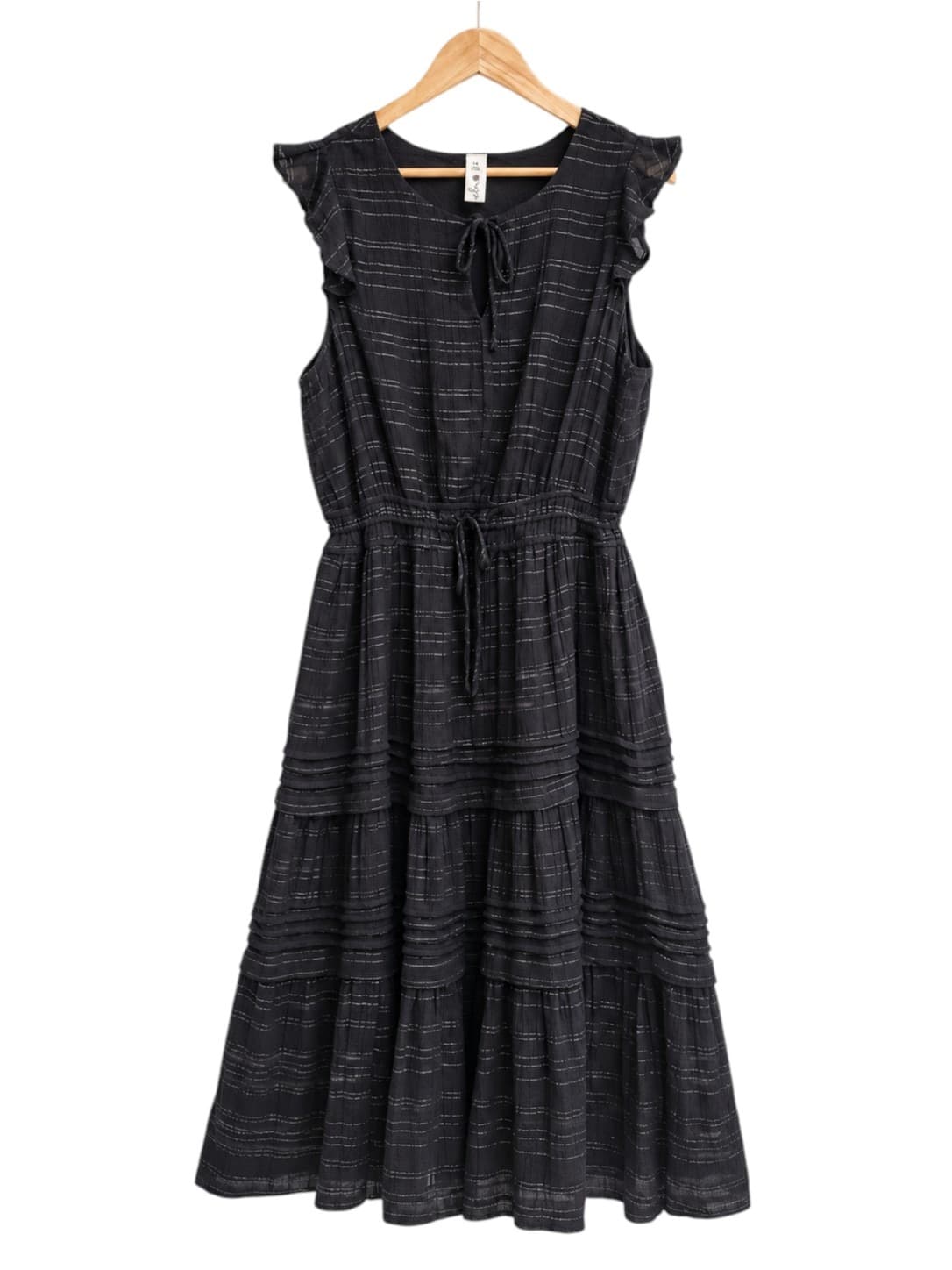Elm Womens Maxi Dress Size 14 Black Silver Lurex Stripe Tiered Ruffle Cotton — photo 2 of 7