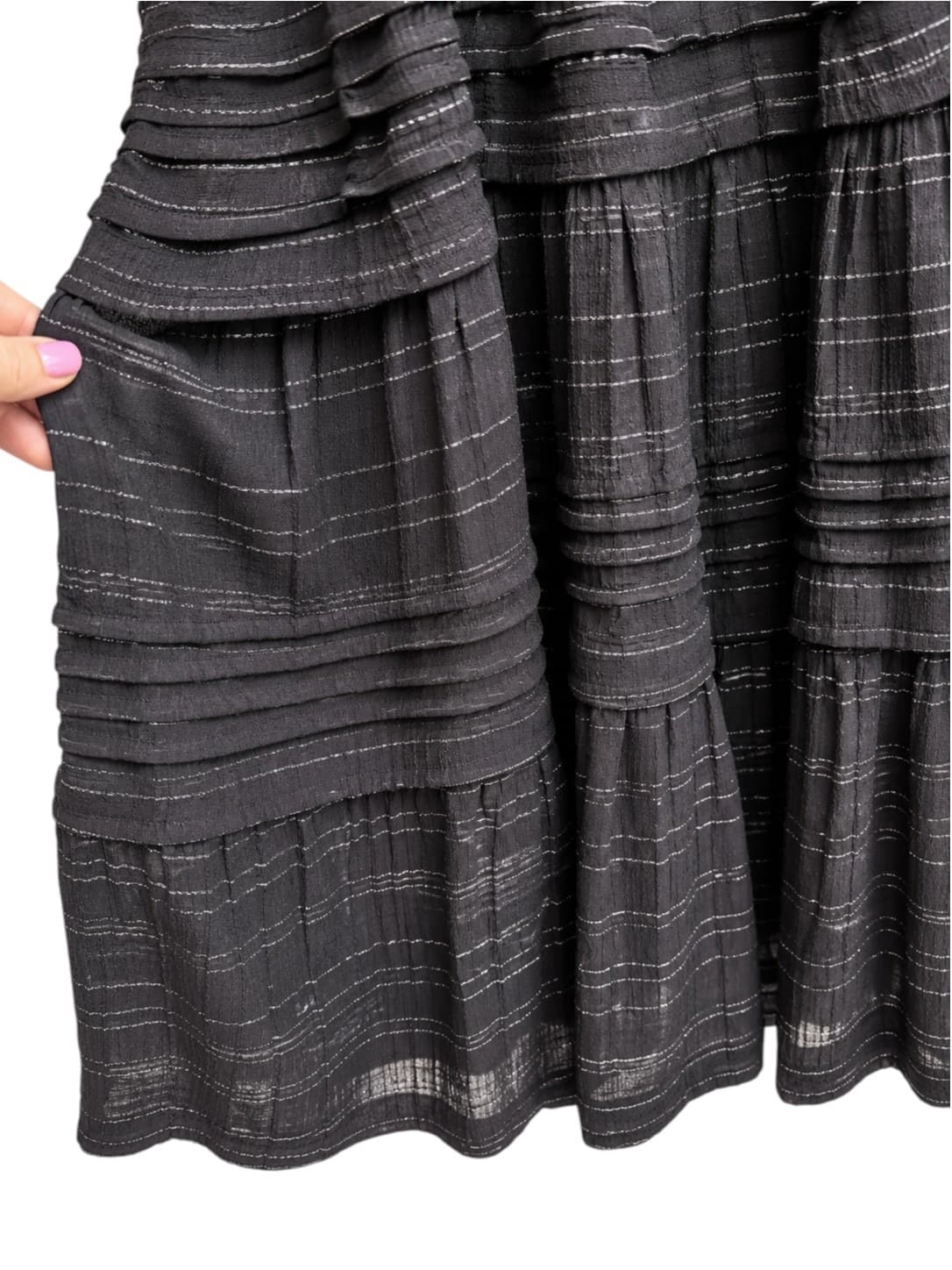 Elm Womens Maxi Dress Size 14 Black Silver Lurex Stripe Tiered Ruffle Cotton — photo 4 of 7