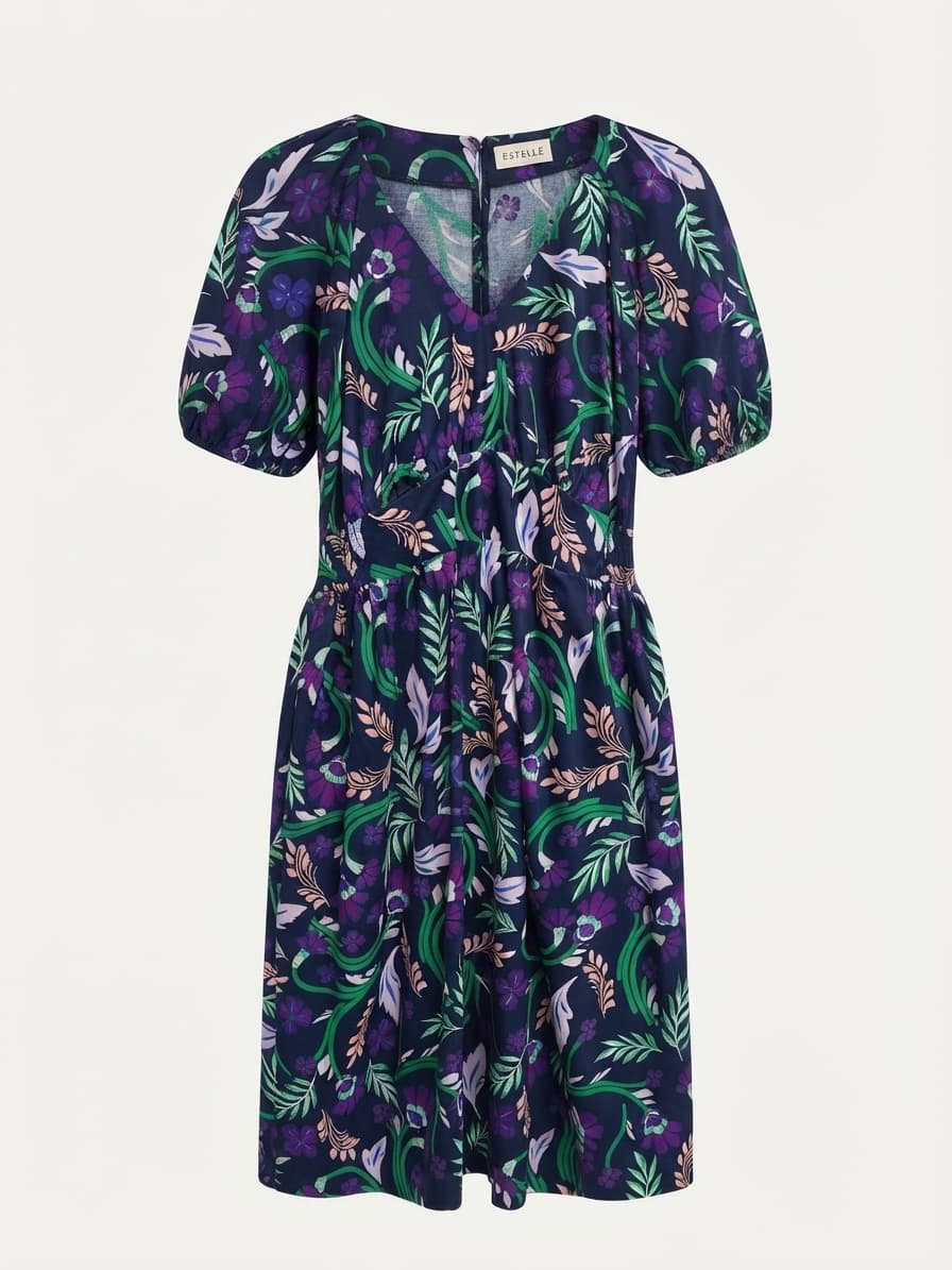 ESTELLE Navy Floral Puff Sleeve V-Neck Midi Dress Size 16 — photo 2 of 9
