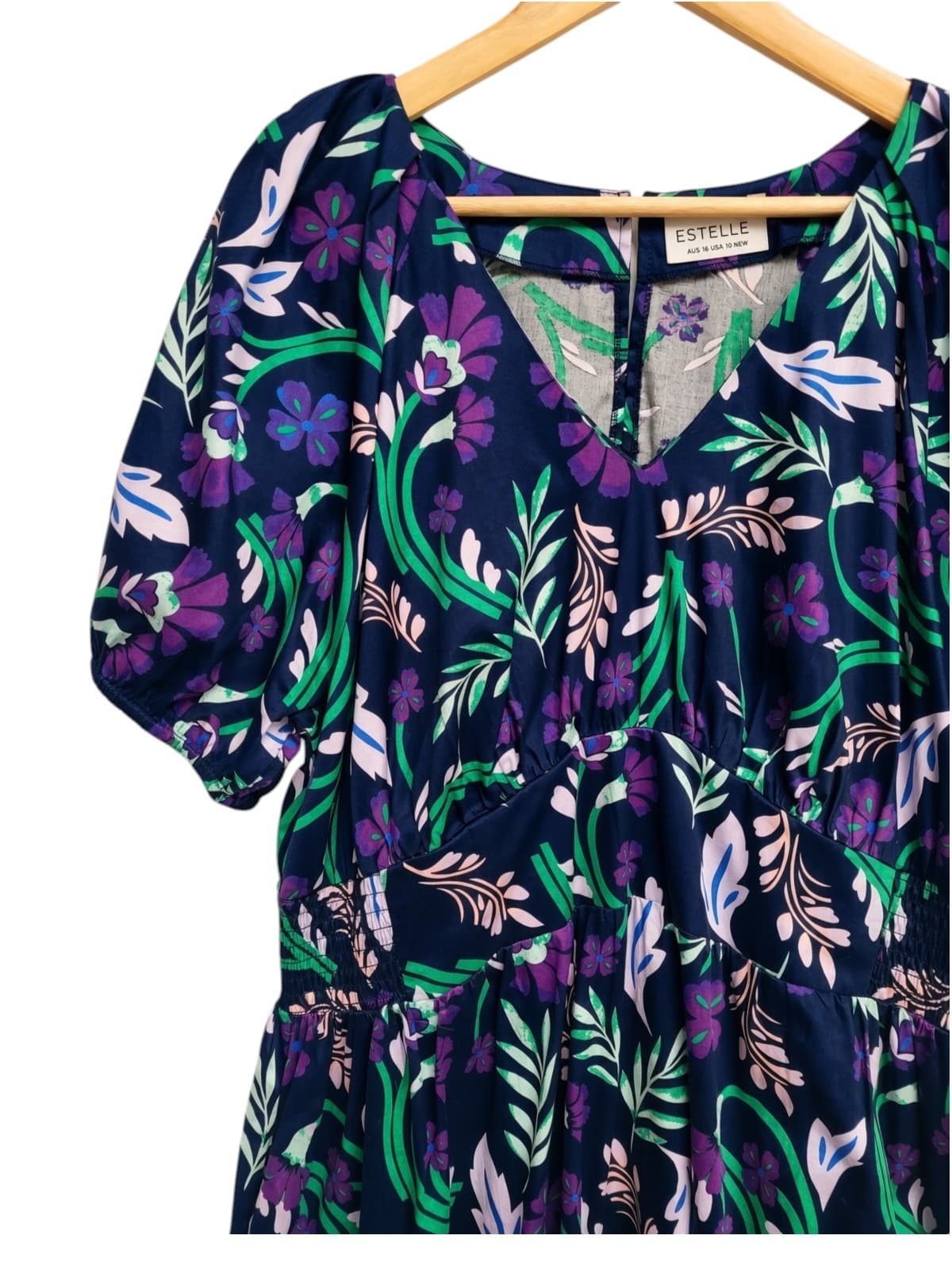 ESTELLE Navy Floral Puff Sleeve V-Neck Midi Dress Size 16 — photo 1 of 9