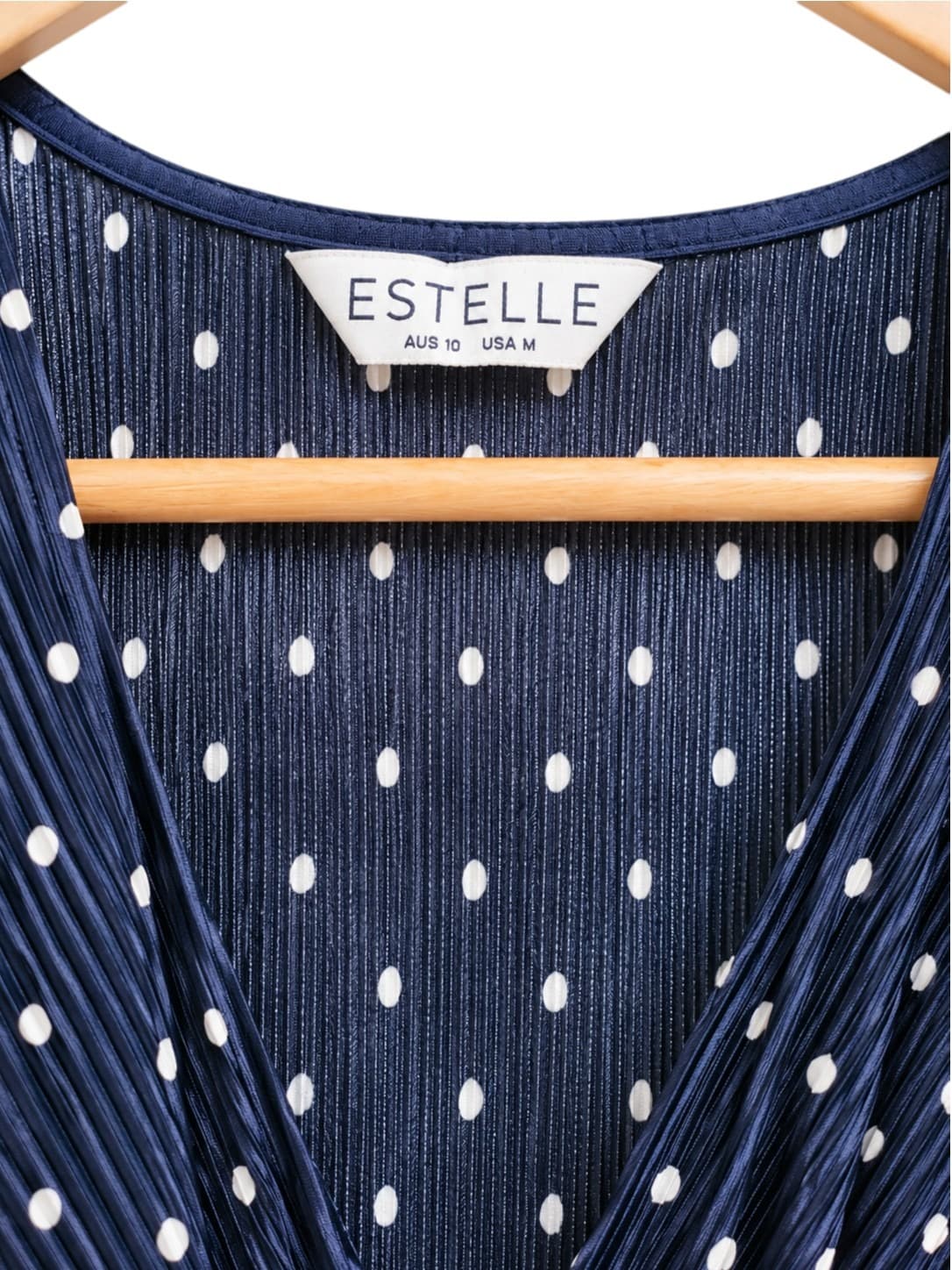 Estelle Womens Wrap Midi Dress Size 10 Navy White Polka Dot Pleated Belted — photo 4 of 6