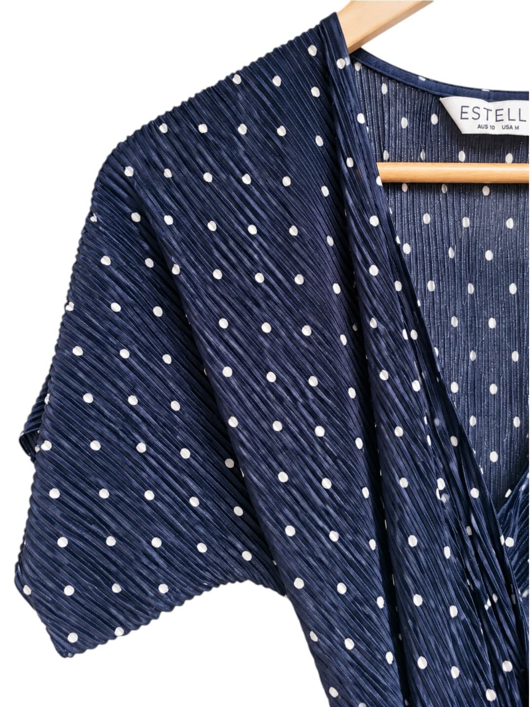 Estelle Womens Wrap Midi Dress Size 10 Navy White Polka Dot Pleated Belted — photo 1 of 6