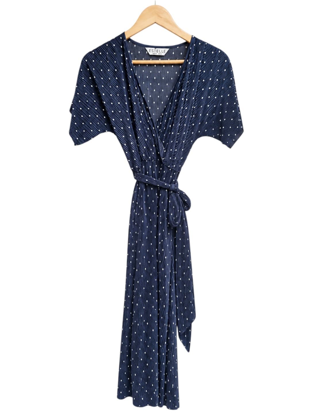 Estelle Womens Wrap Midi Dress Size 10 Navy White Polka Dot Pleated Belted — photo 2 of 6