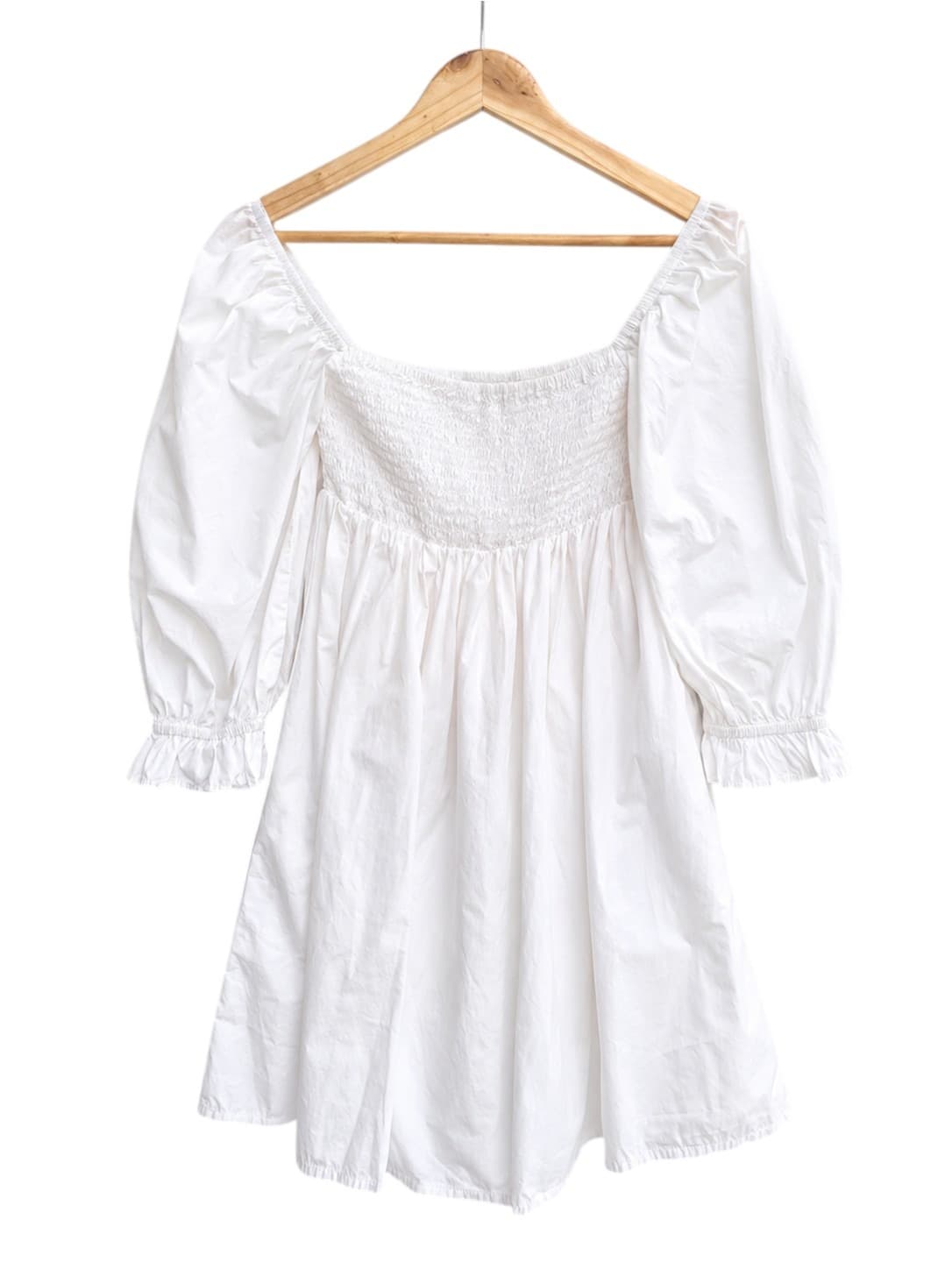 FAITHFULL THE BRAND White Cotton Smocked Puff Sleeve Mini Dress Size 10 — photo 3 of 7