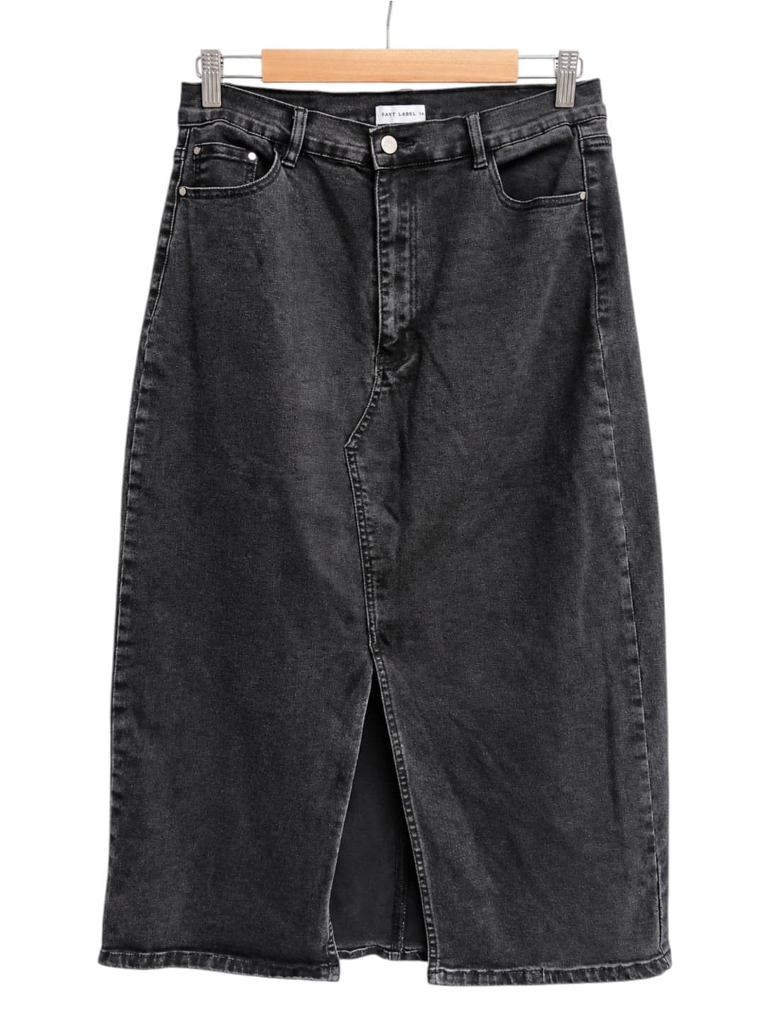 FAYT Label Womens Denim Midi Skirt Size 14 Washed Black Front Split Stretch — photo 2 of 7