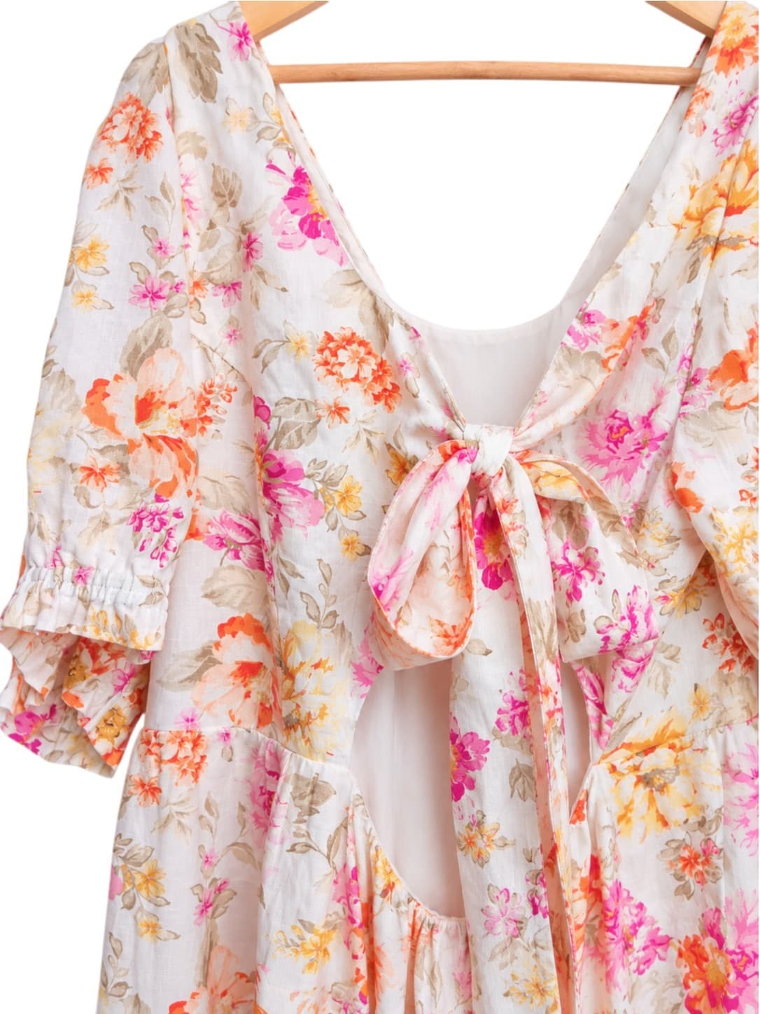 Forever New Curve Linen Dress Size 22 Floral Tiered Tie Back Puff Sleeve — photo 6 of 10