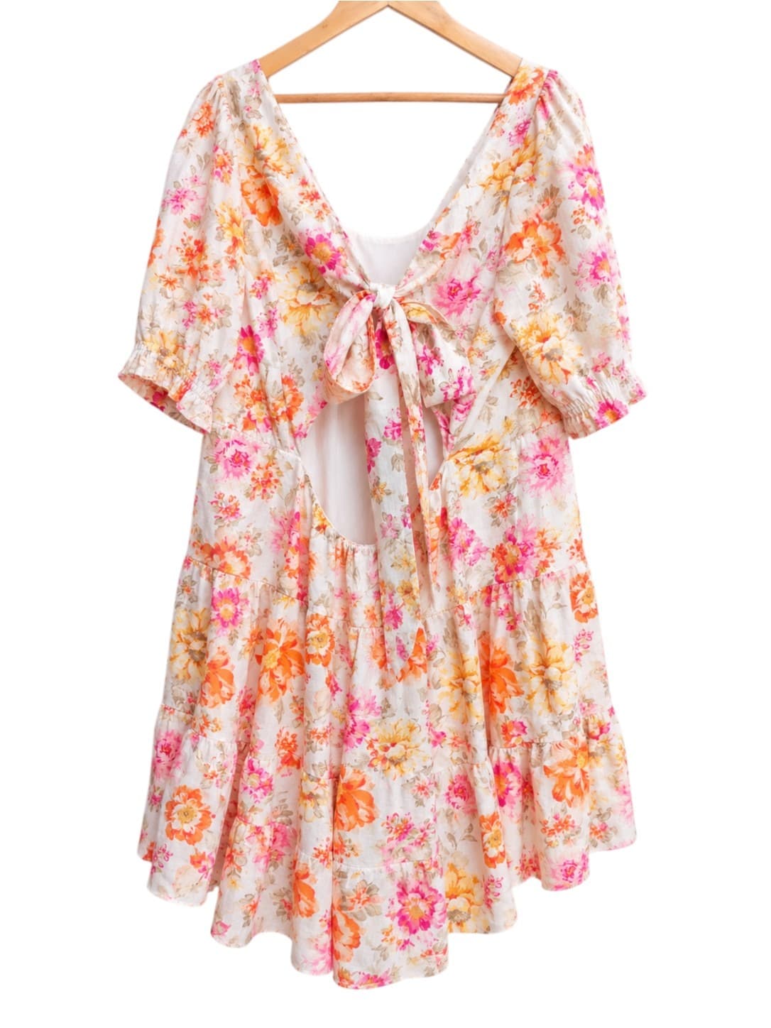 Forever New Curve Linen Dress Size 22 Floral Tiered Tie Back Puff Sleeve — photo 5 of 10