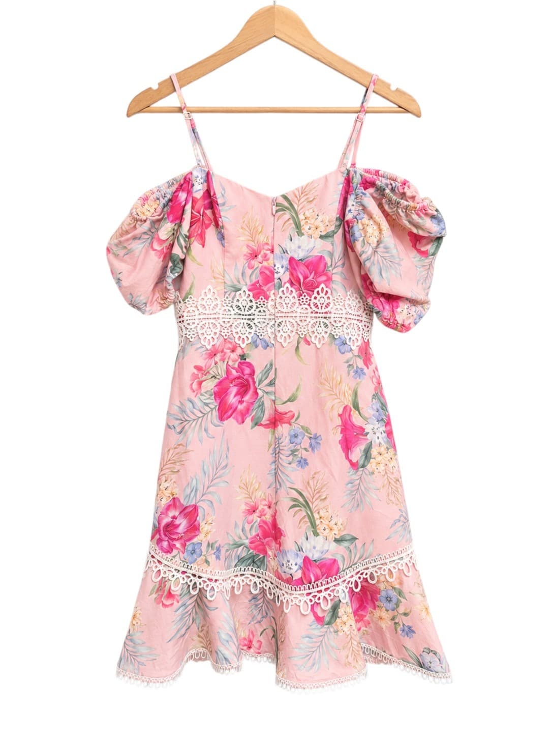FOREVER NEW Pink Tropical Floral Linen Blend Cold Shoulder Mini Dress Size 6 — photo 6 of 8
