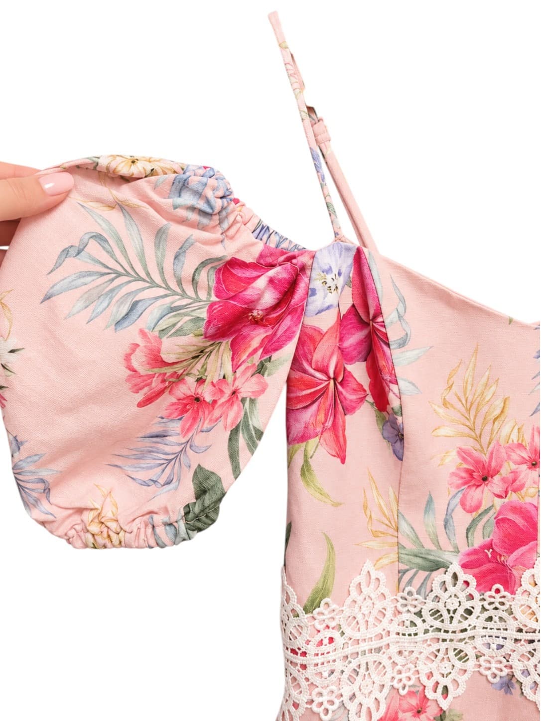 FOREVER NEW Pink Tropical Floral Linen Blend Cold Shoulder Mini Dress Size 6 — photo 2 of 8