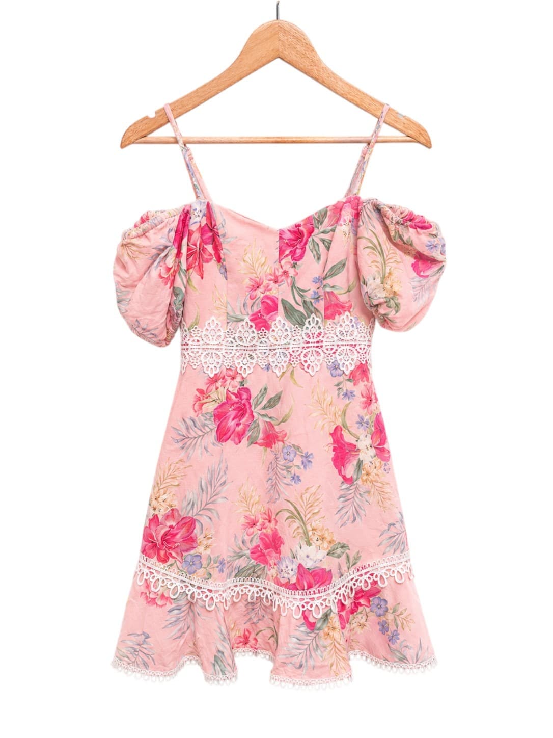 FOREVER NEW Pink Tropical Floral Linen Blend Cold Shoulder Mini Dress Size 6 — photo 1 of 8