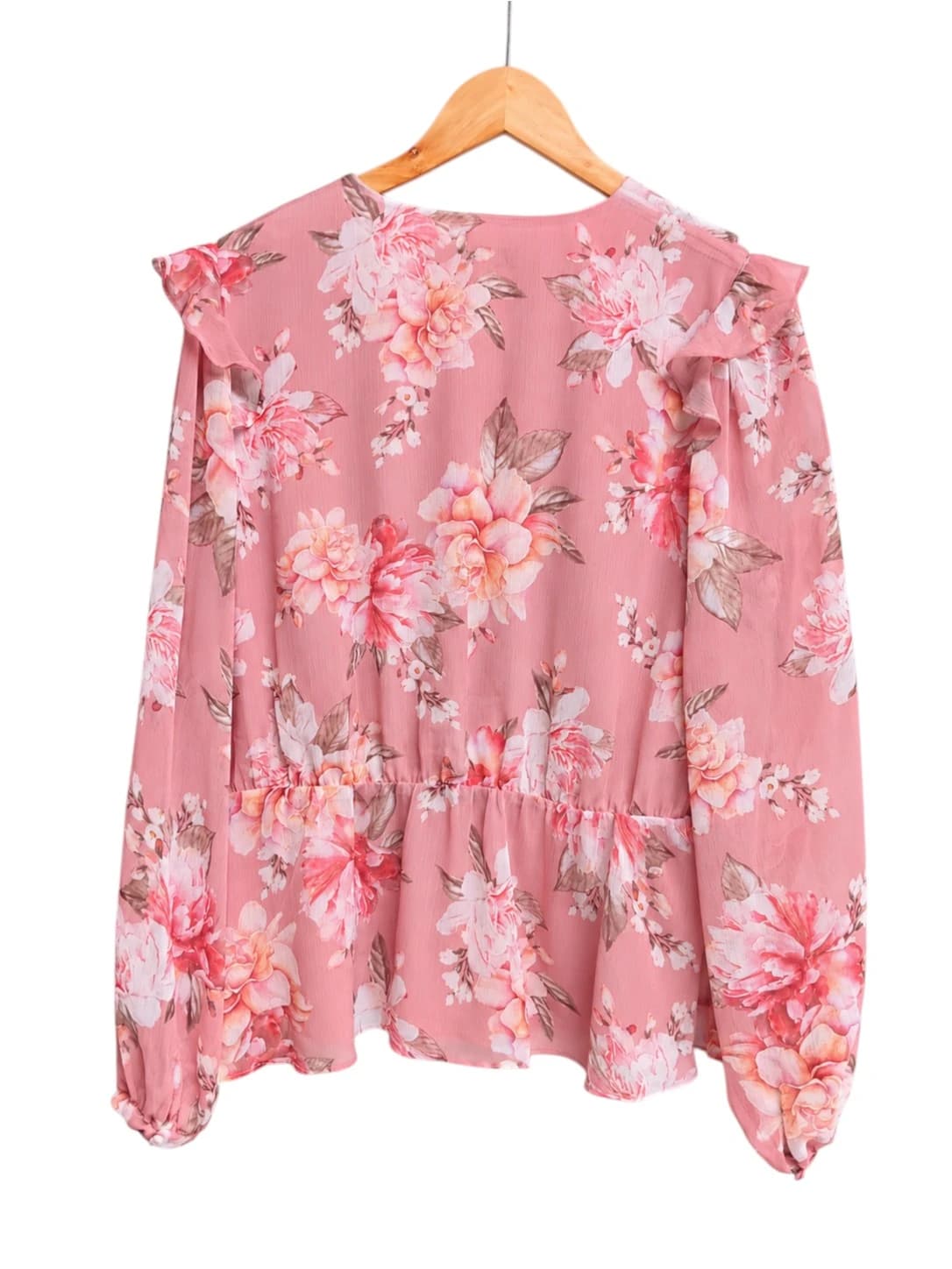 Forever New Womens Blouse Size 14 Pink Floral Ruffle Wrap Front Long Sleeve — photo 5 of 7