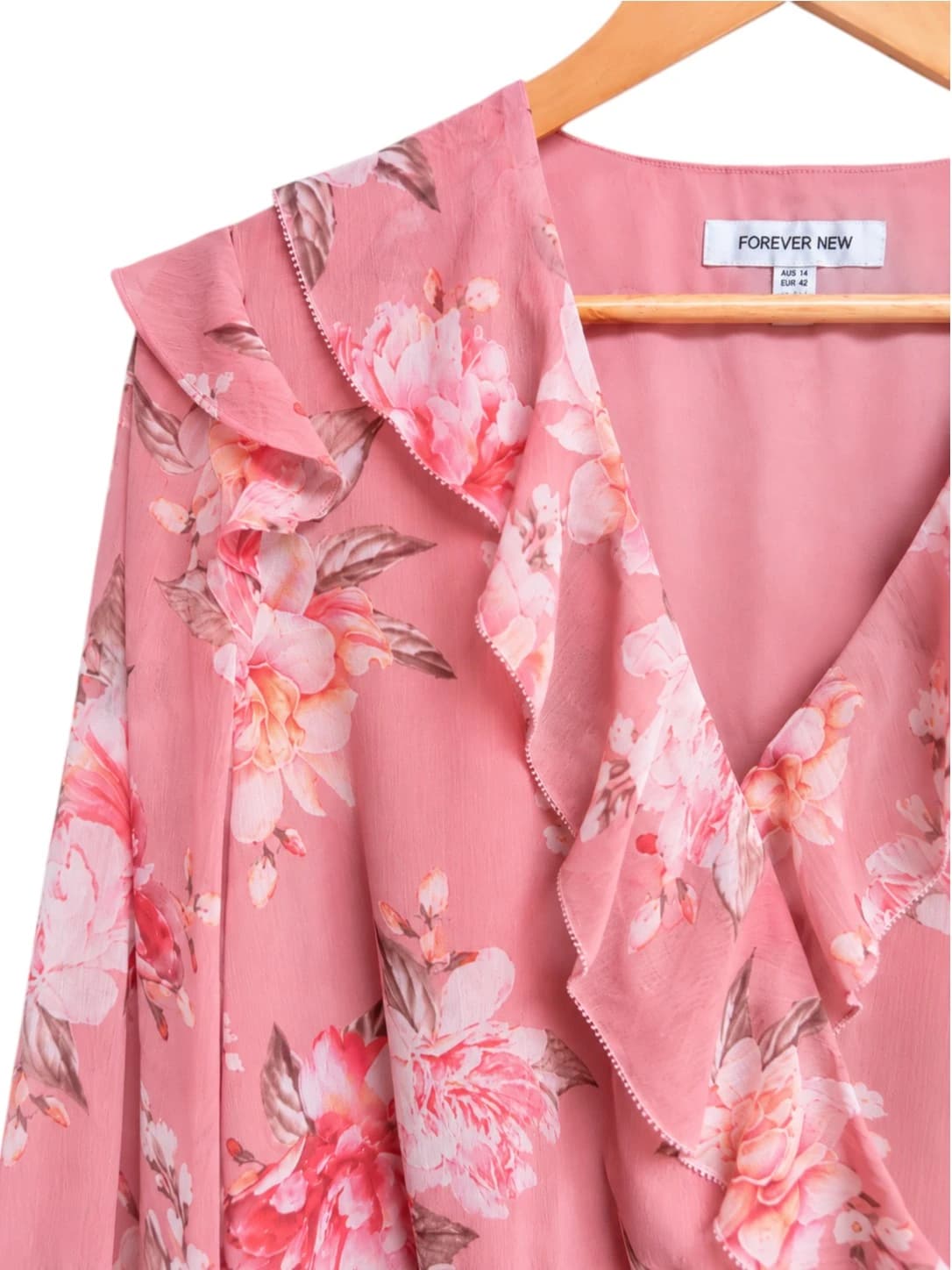 Forever New Womens Blouse Size 14 Pink Floral Ruffle Wrap Front Long Sleeve — photo 2 of 7