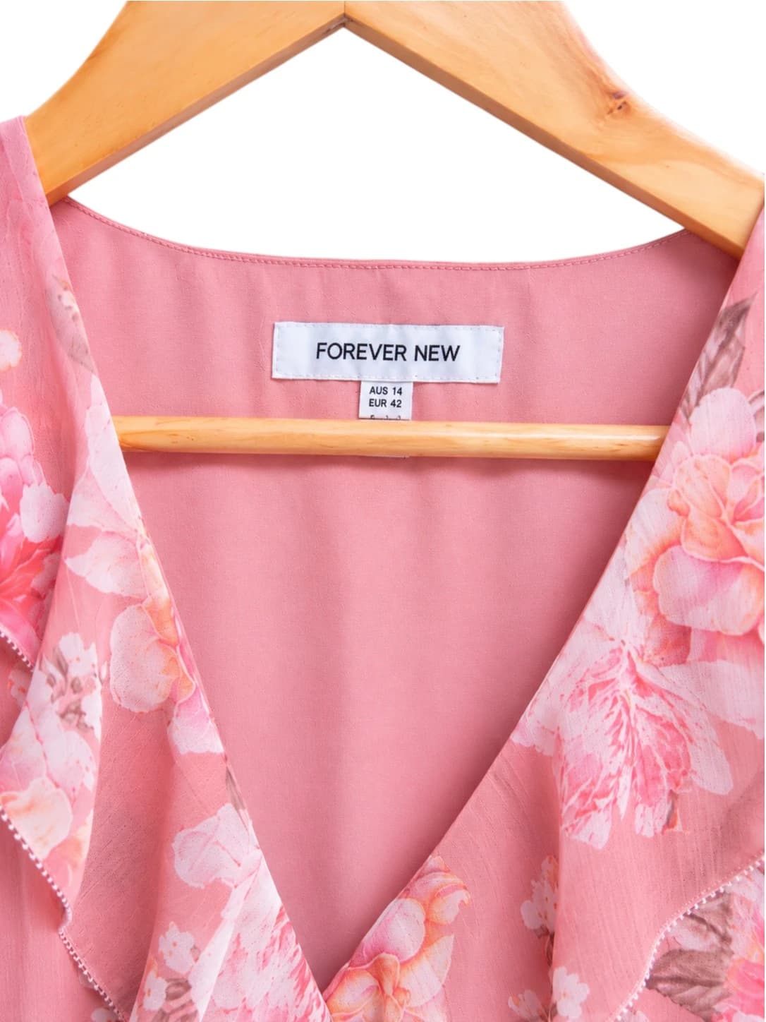 Forever New Womens Blouse Size 14 Pink Floral Ruffle Wrap Front Long Sleeve — photo 6 of 7