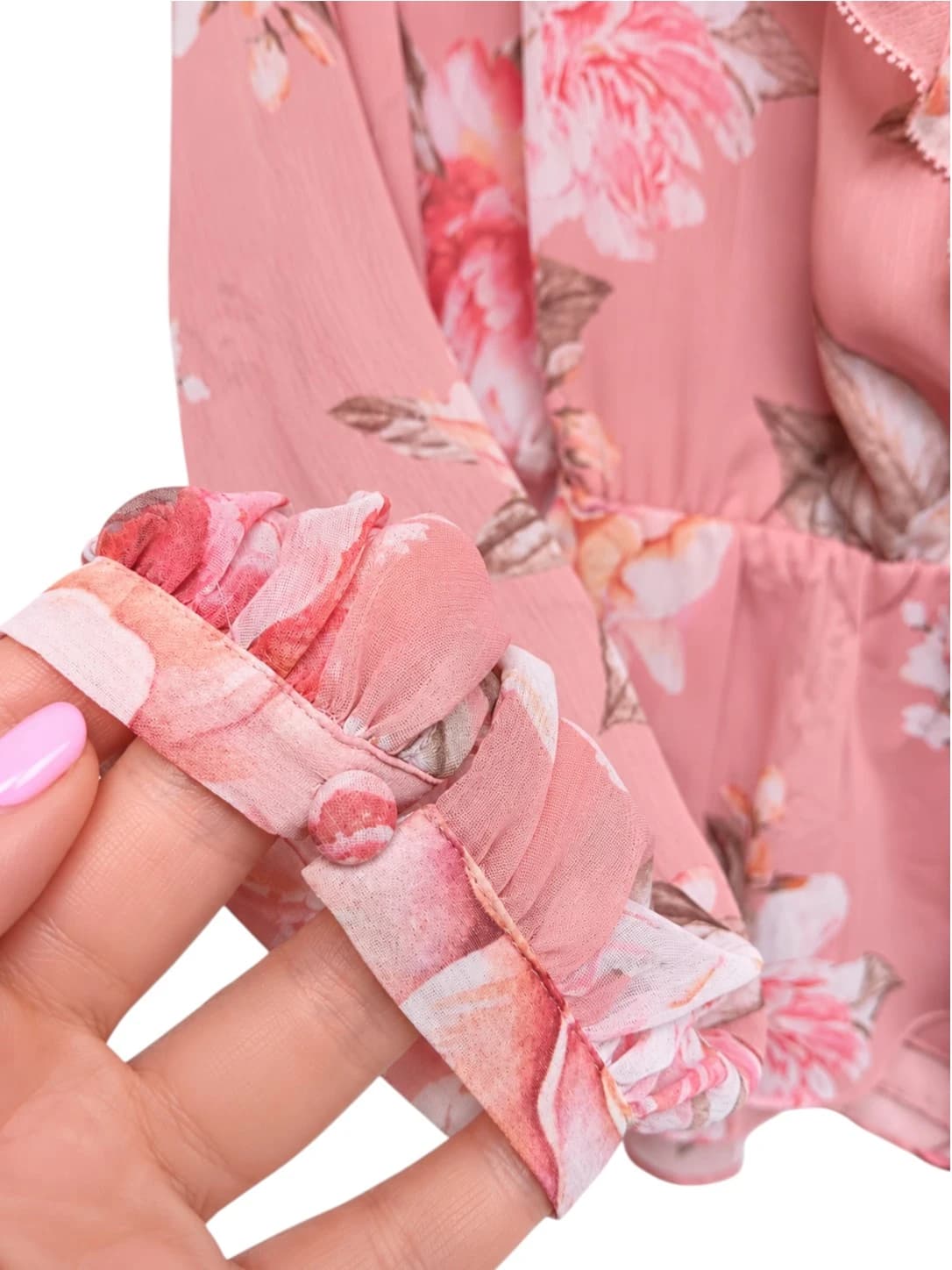 Forever New Womens Blouse Size 14 Pink Floral Ruffle Wrap Front Long Sleeve — photo 3 of 7