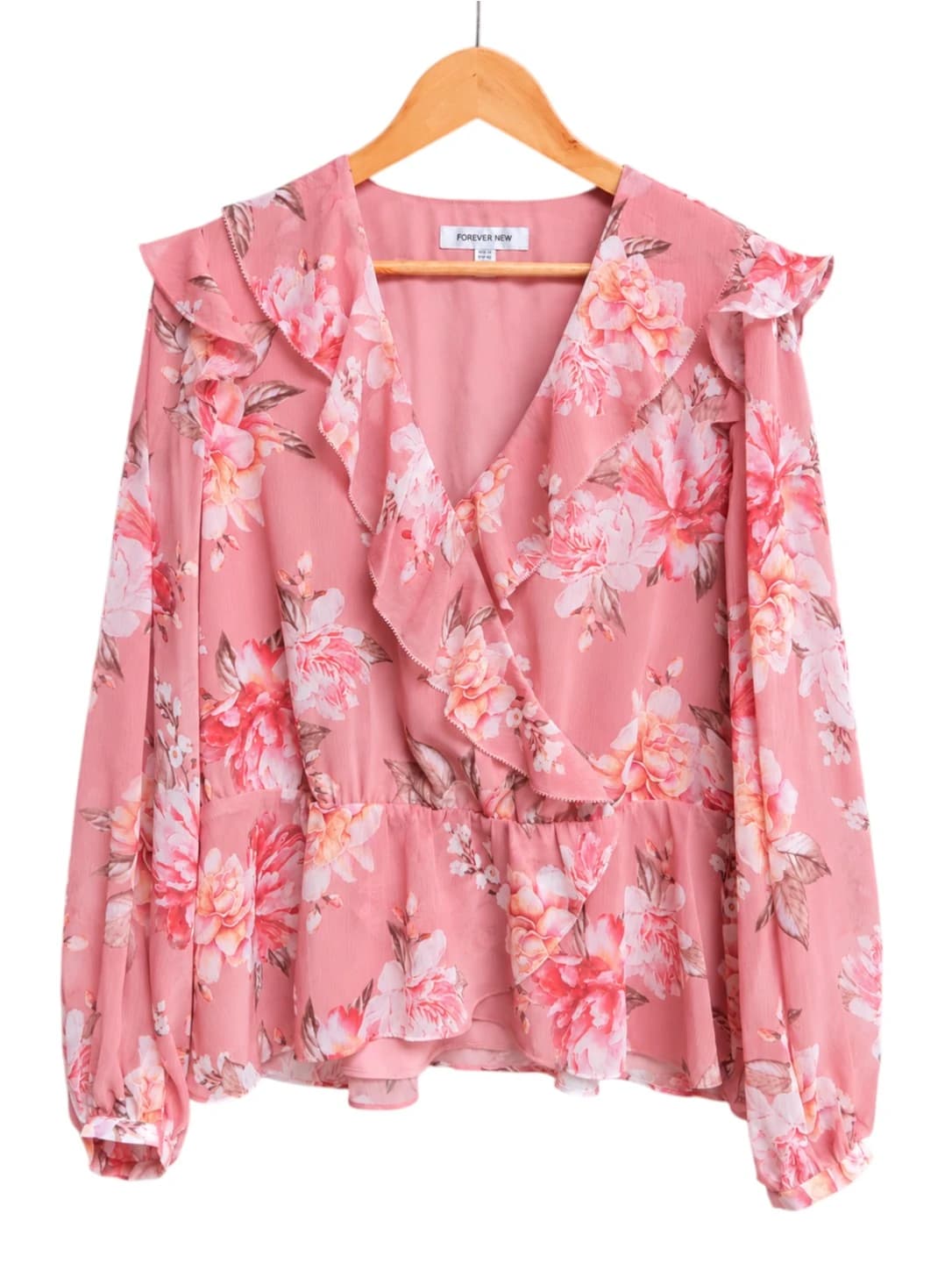 Forever New Womens Blouse Size 14 Pink Floral Ruffle Wrap Front Long Sleeve — photo 1 of 7