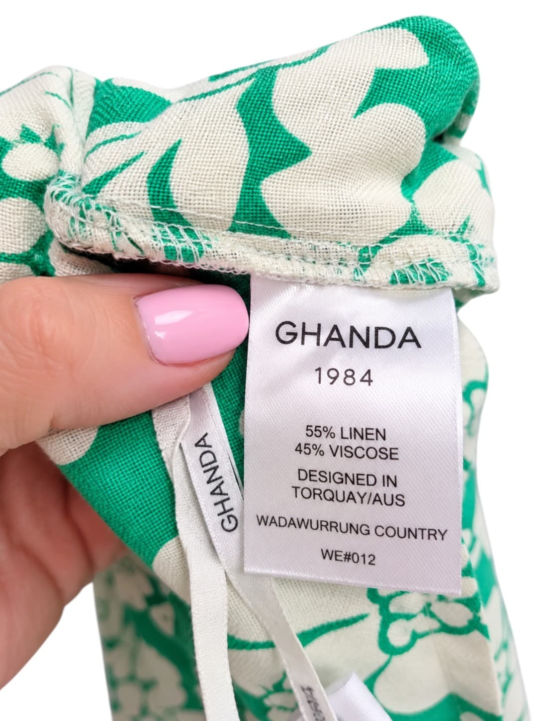 Ghanda Wide Leg Pants Womens 8 Green White Floral Linen Blend High Waist — photo 8 of 8