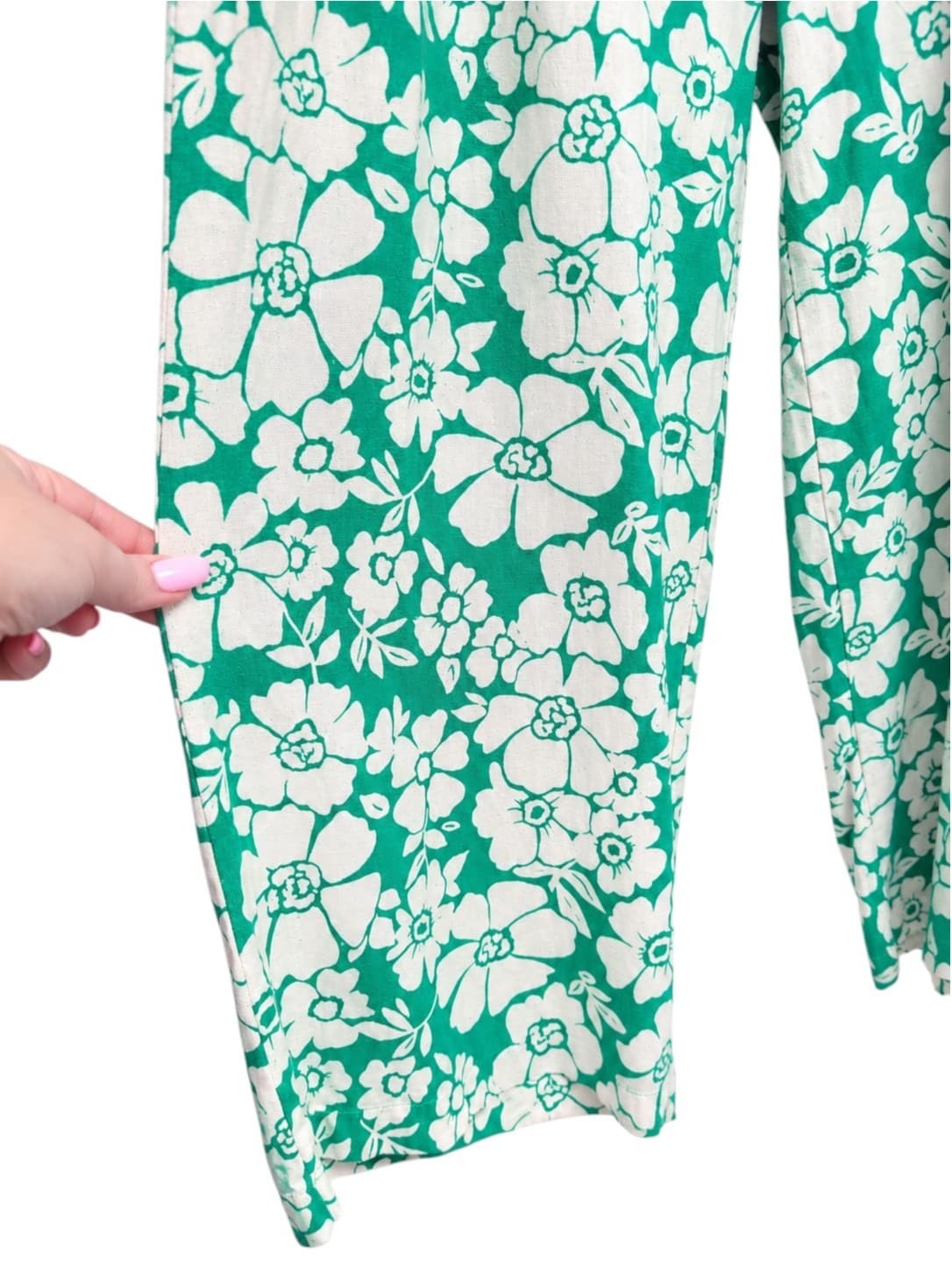 Ghanda Wide Leg Pants Womens 8 Green White Floral Linen Blend High Waist — photo 3 of 8