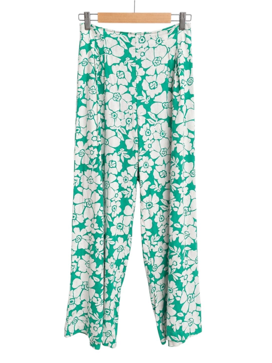 Ghanda Wide Leg Pants Womens 8 Green White Floral Linen Blend High Waist — photo 2 of 8
