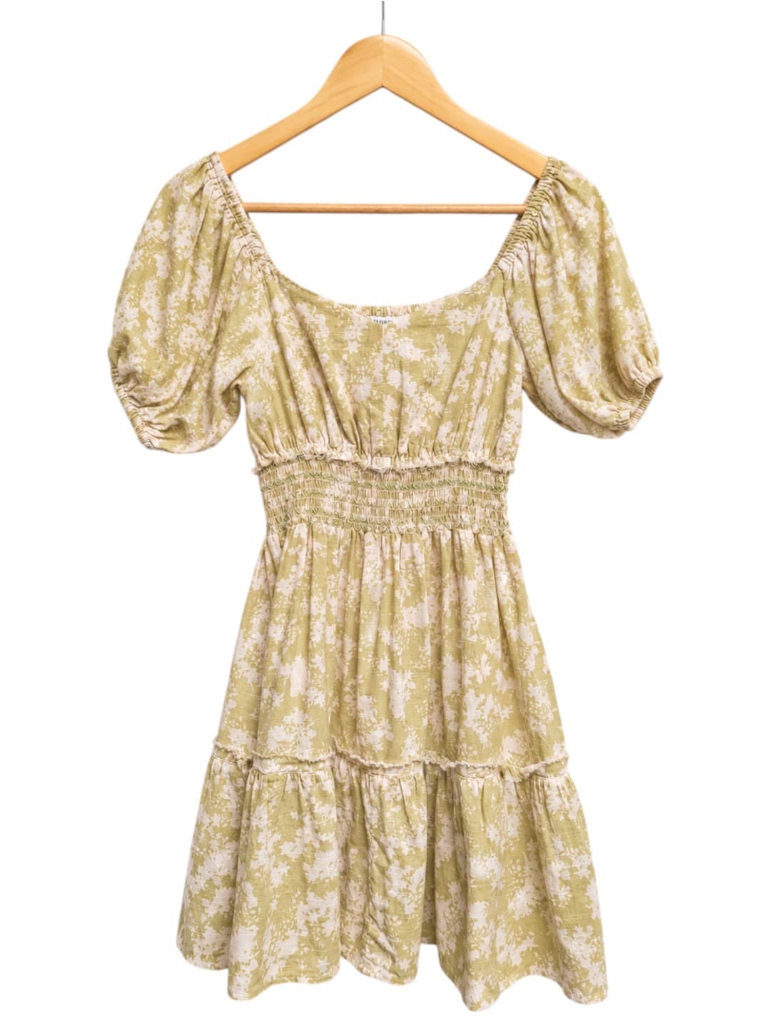 GHANDA Womens Floral Mini Dress XS Sage Green Cotton Puff Sleeve Smocked Waist — photo 2 of 8