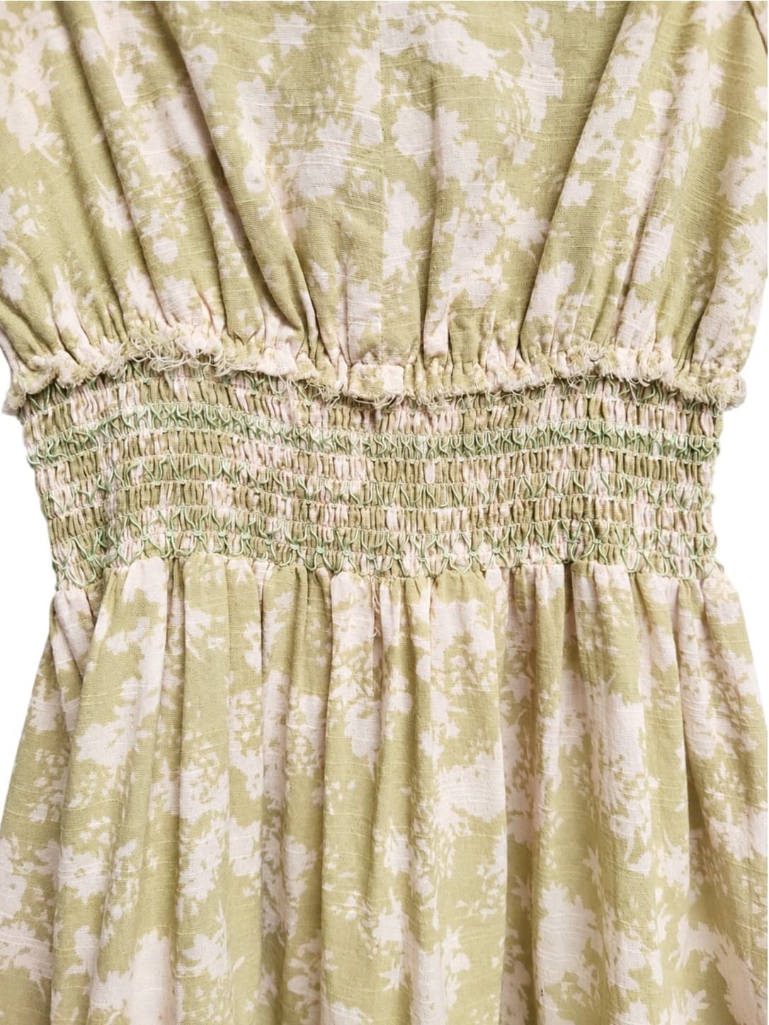 GHANDA Womens Floral Mini Dress XS Sage Green Cotton Puff Sleeve Smocked Waist — photo 3 of 8